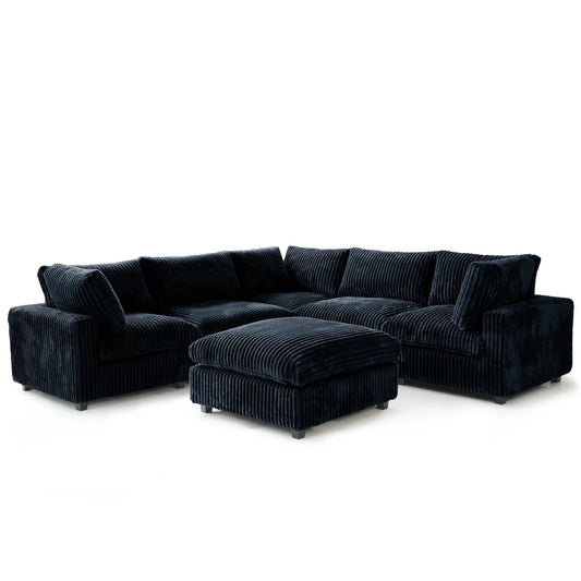 Deluxe Classic Cloud Sectional Sofas Covers | 5-Seater With Ottoman Plush Fabric Black Sofa Covers