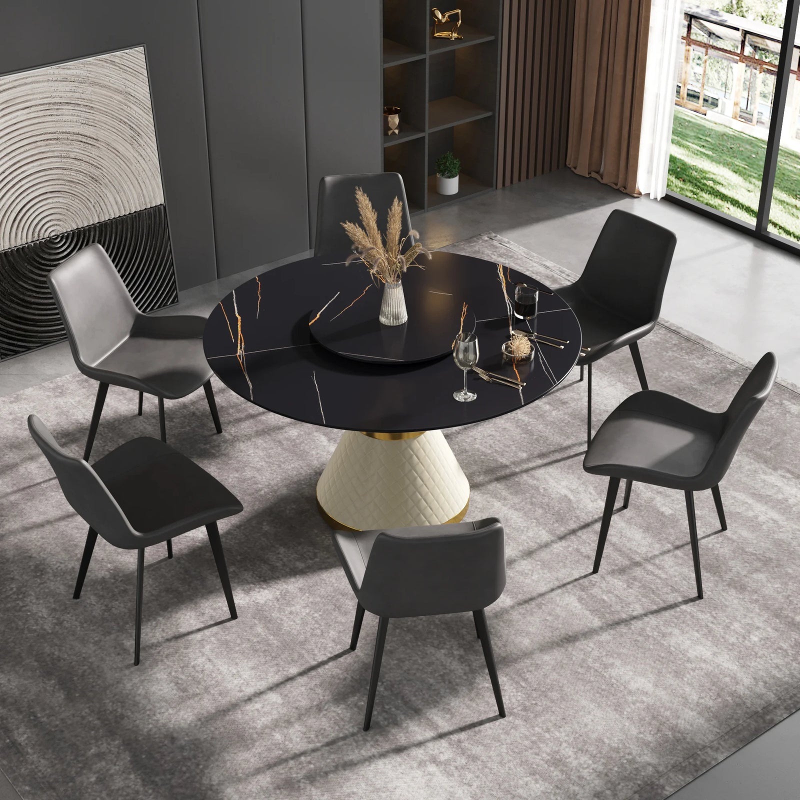 Mesa de comedor Marbella de piedra sinterizada | Redonda de 135 cm (53") en negro mate con plato giratorio Lazy Susan
