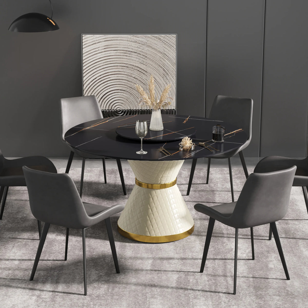 Marbella Sintered Stone Dining Table | 53" Matte Black Round With Lazy Susan Turntable