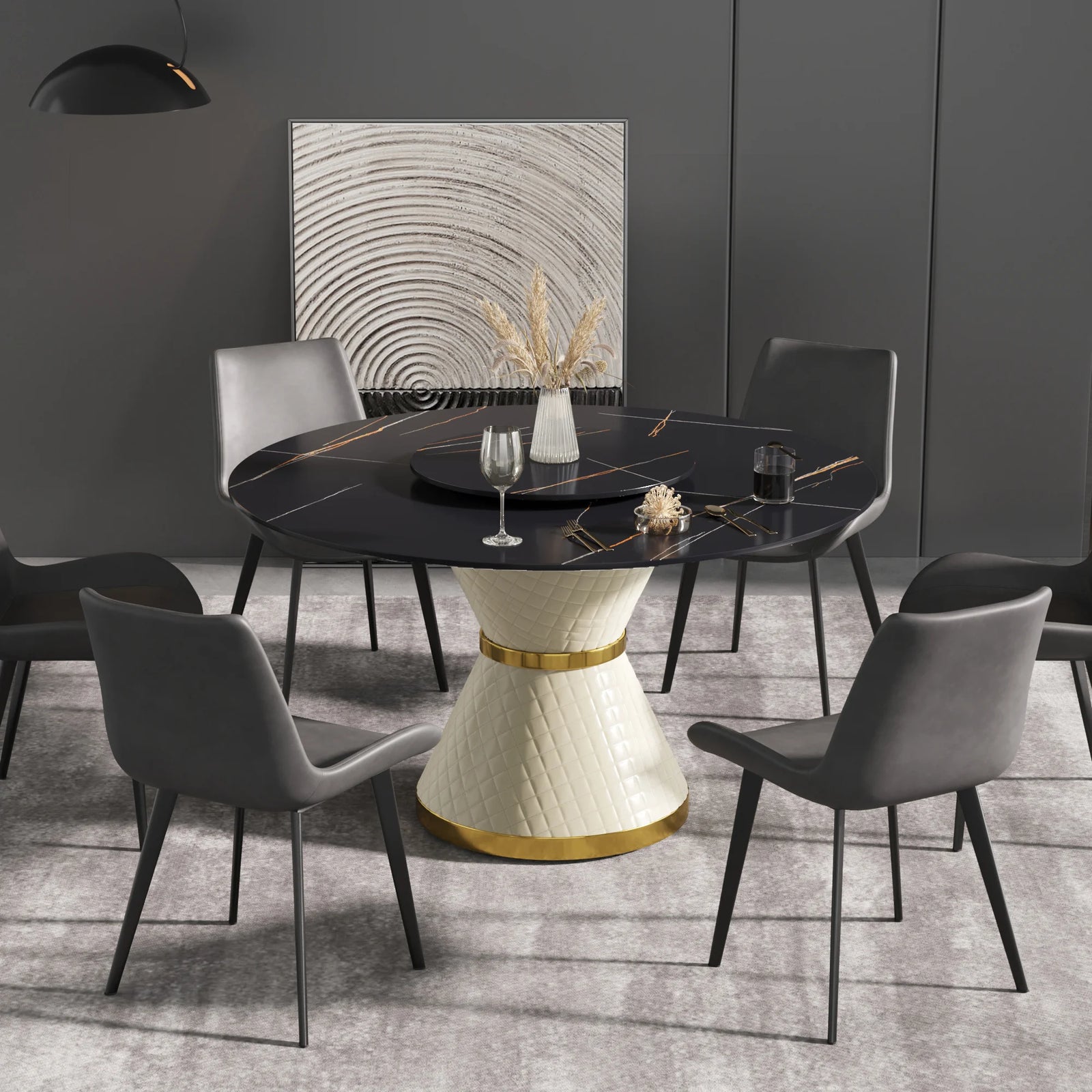 Mesa de comedor Marbella de piedra sinterizada | Redonda de 135 cm (53") en negro mate con plato giratorio Lazy Susan