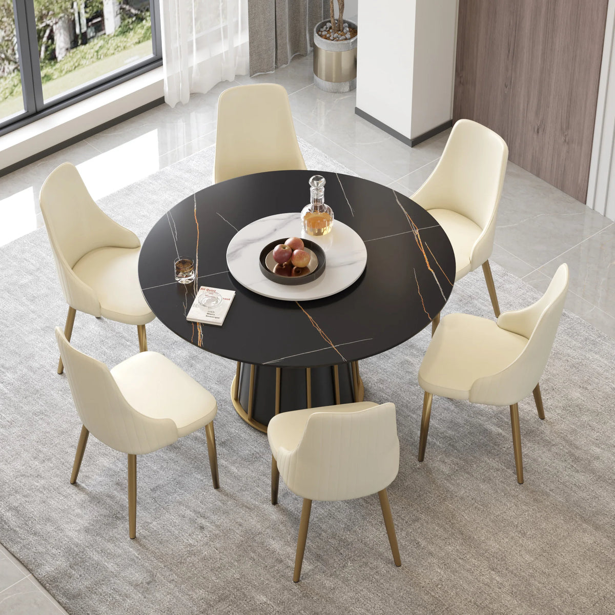 Marbella Sintered Stone Dining Table | 53" Matte Black Round With Lazy Susan Turntable
