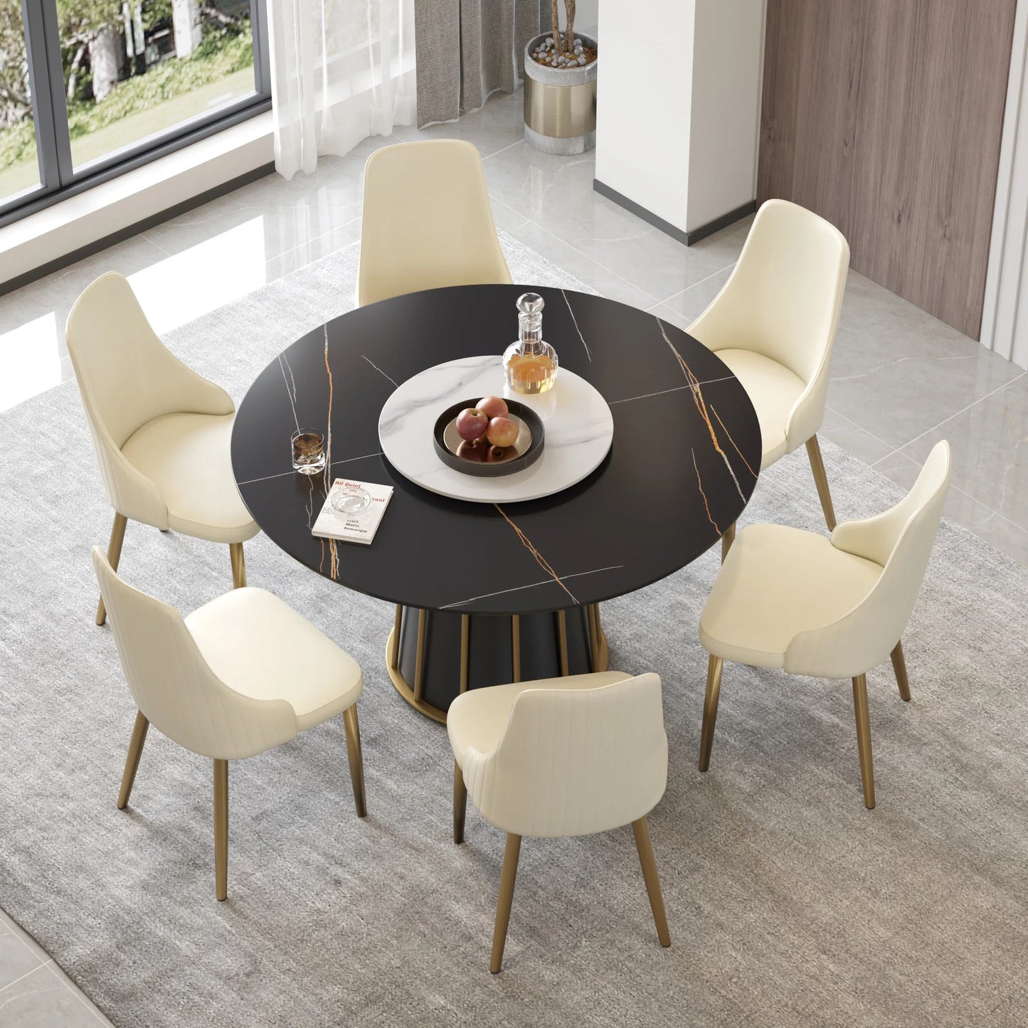 Marbella Sintered Stone Dining Table | 53" Matte Black Round With Lazy Susan Turntable
