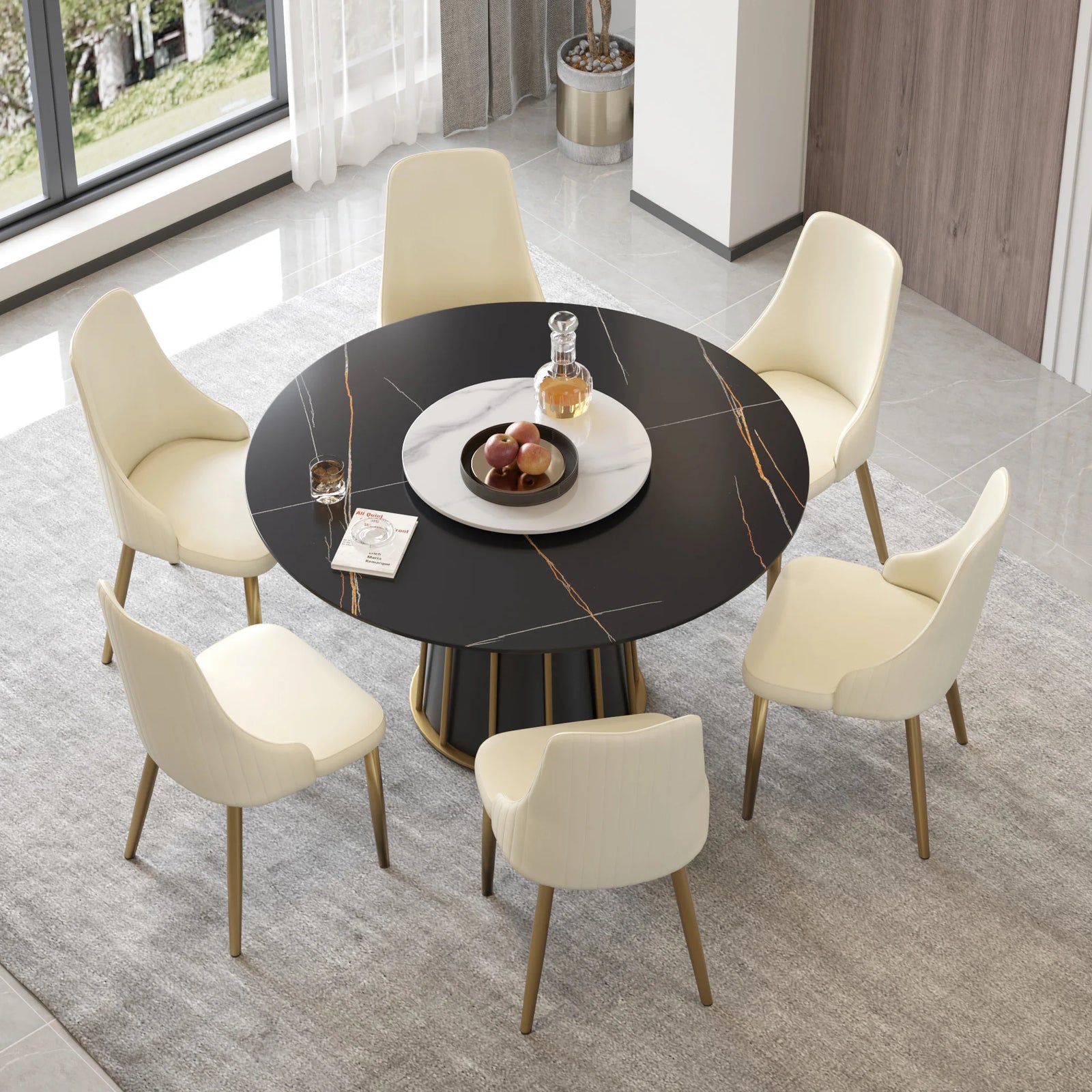Mesa de comedor Marbella de piedra sinterizada | Redonda de 135 cm (53") en negro mate con plato giratorio Lazy Susan