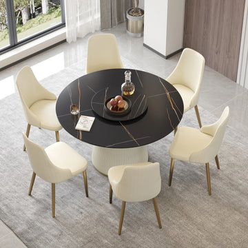 Marbella Sintered Stone Dining Table | 53" Matte Black Round With Lazy Susan Turntable