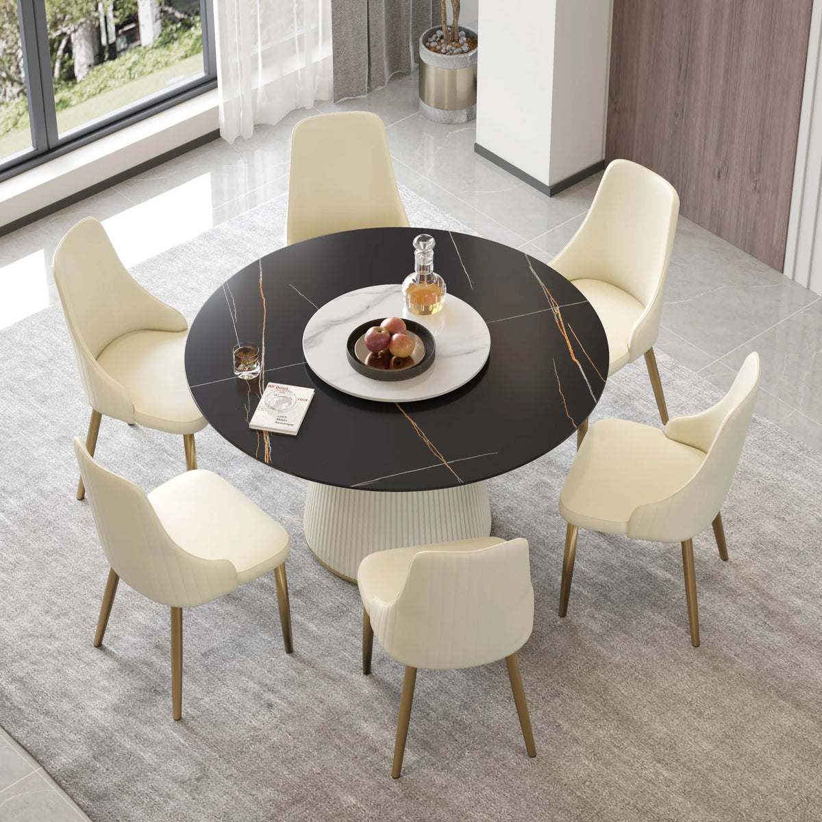 Mesa de comedor Marbella de piedra sinterizada | Redonda de 135 cm (53") en negro mate con plato giratorio Lazy Susan
