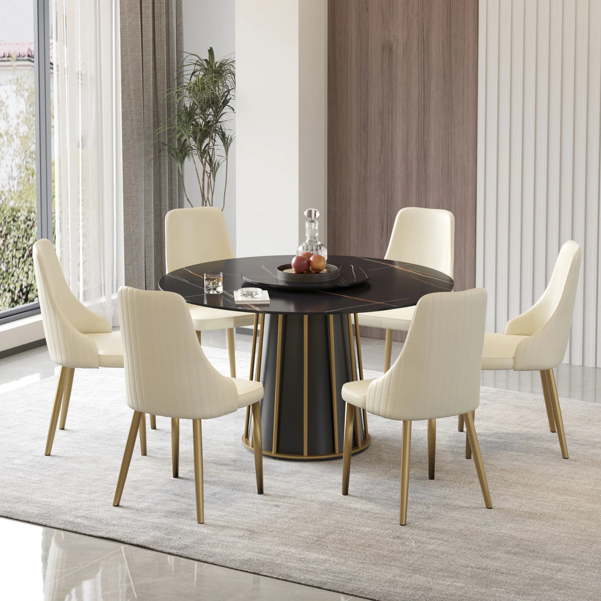Mesa de comedor Marbella de piedra sinterizada | Redonda de 135 cm (53") en negro mate con plato giratorio Lazy Susan