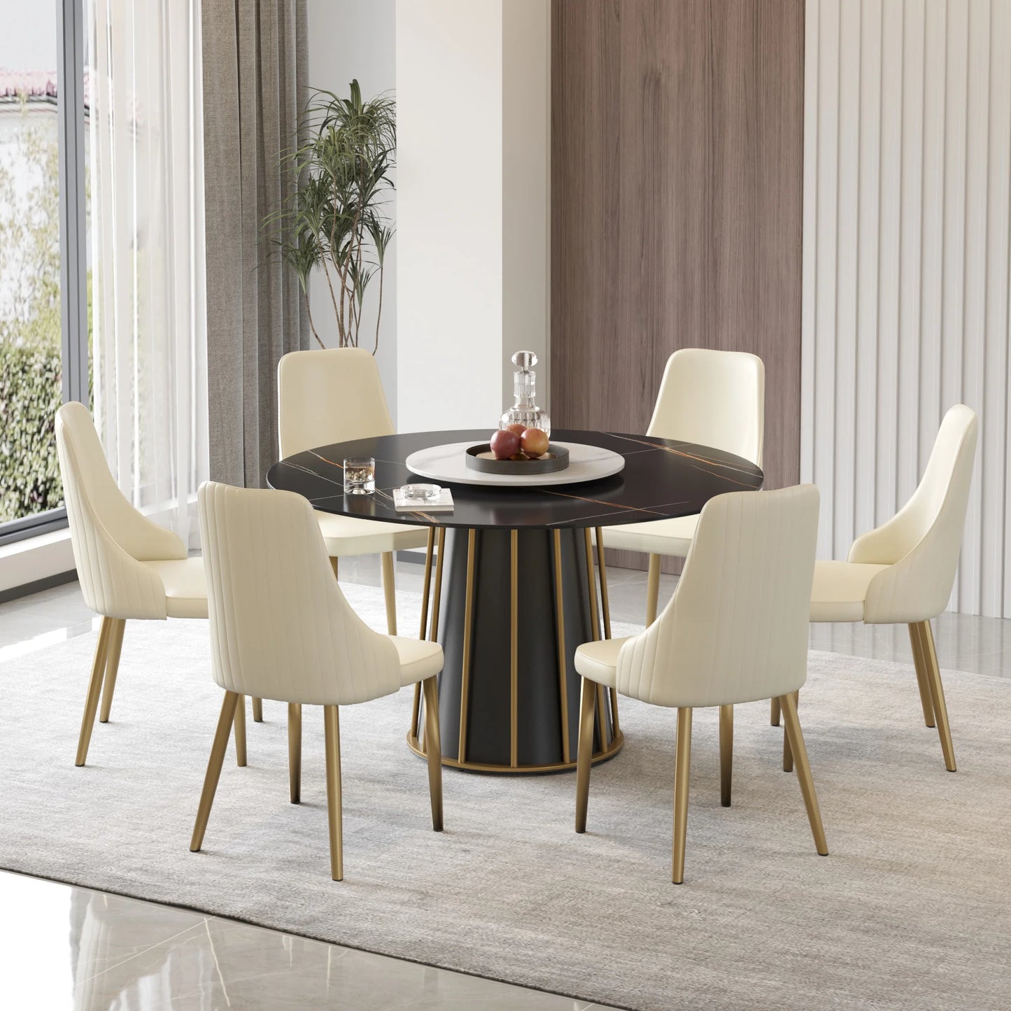 Marbella Sintered Stone Dining Table | 53" Matte Black Round With Lazy Susan Turntable