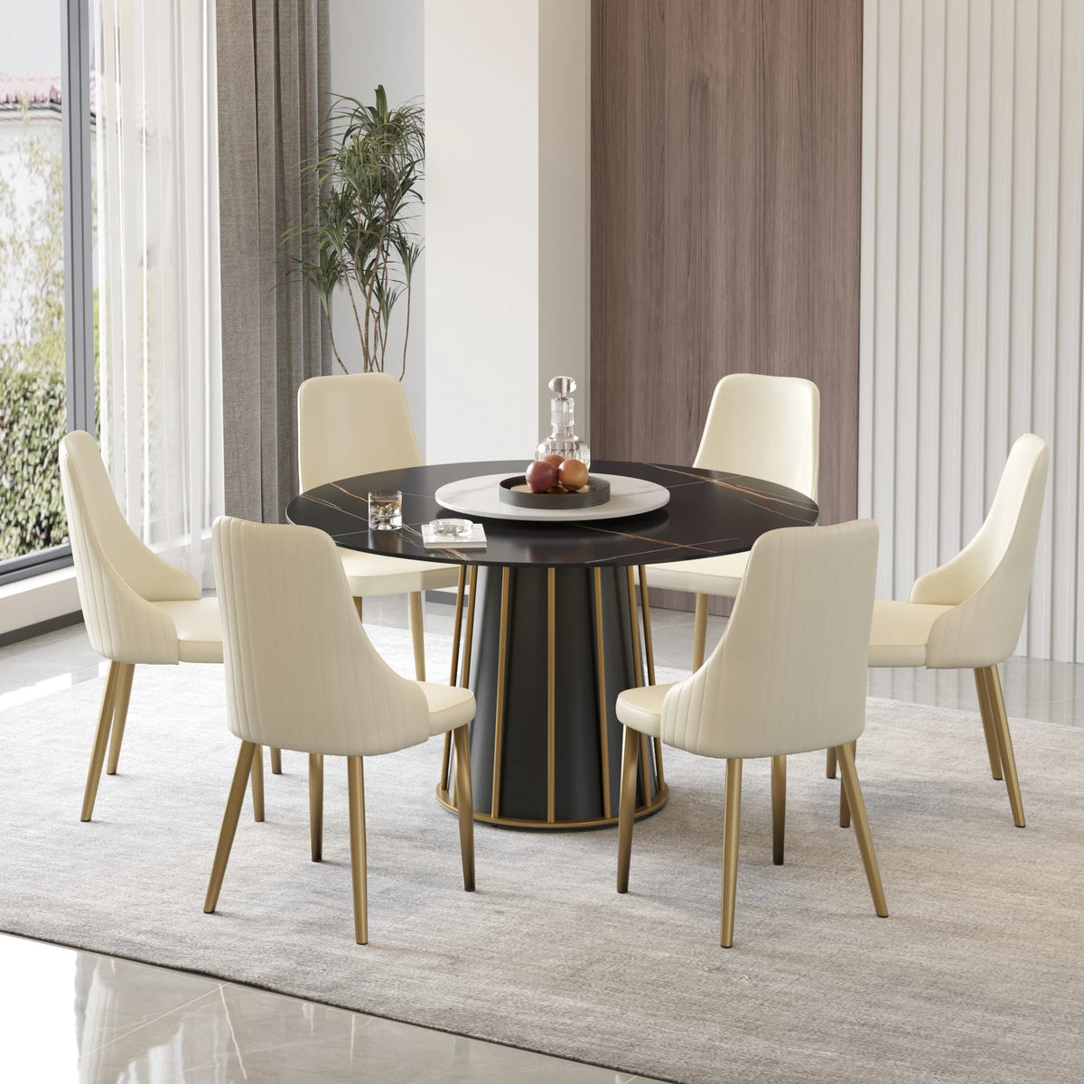 Mesa de comedor Marbella de piedra sinterizada | Redonda de 135 cm (53") en negro mate con plato giratorio Lazy Susan