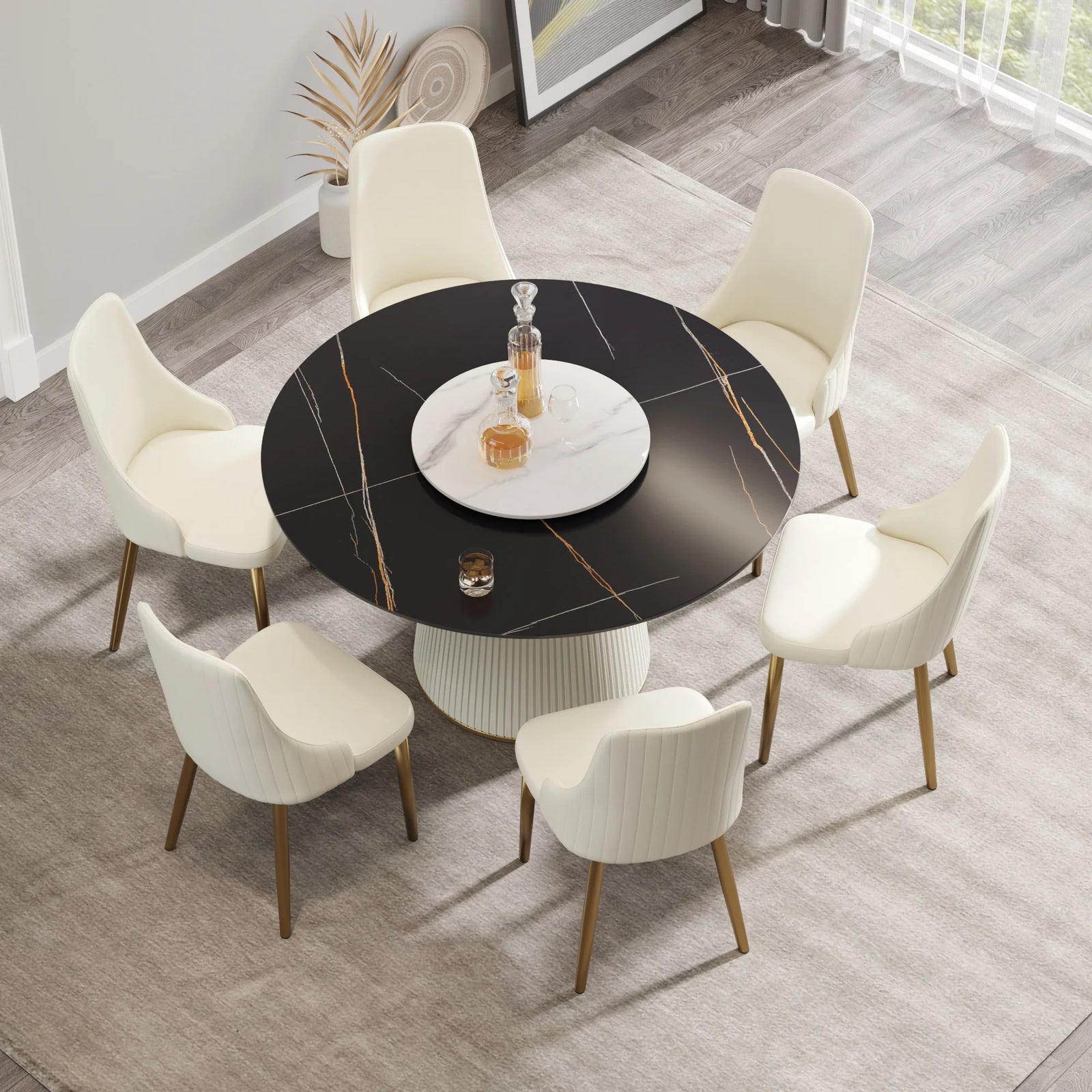Mesa de comedor Marbella de piedra sinterizada | Redonda de 135 cm (53") en negro mate con plato giratorio Lazy Susan