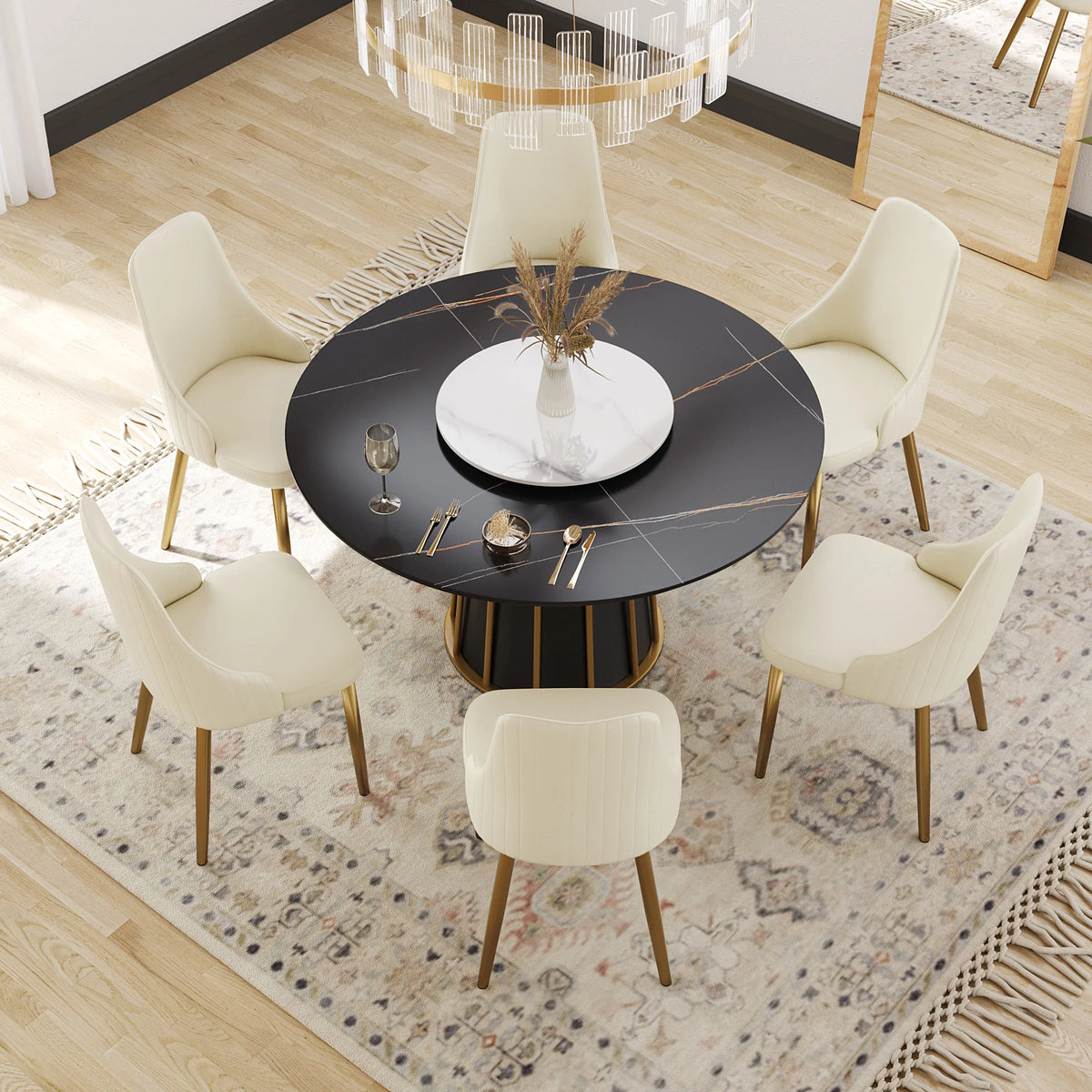 Mesa de comedor Marbella de piedra sinterizada | Redonda de 135 cm (53") en negro mate con plato giratorio Lazy Susan