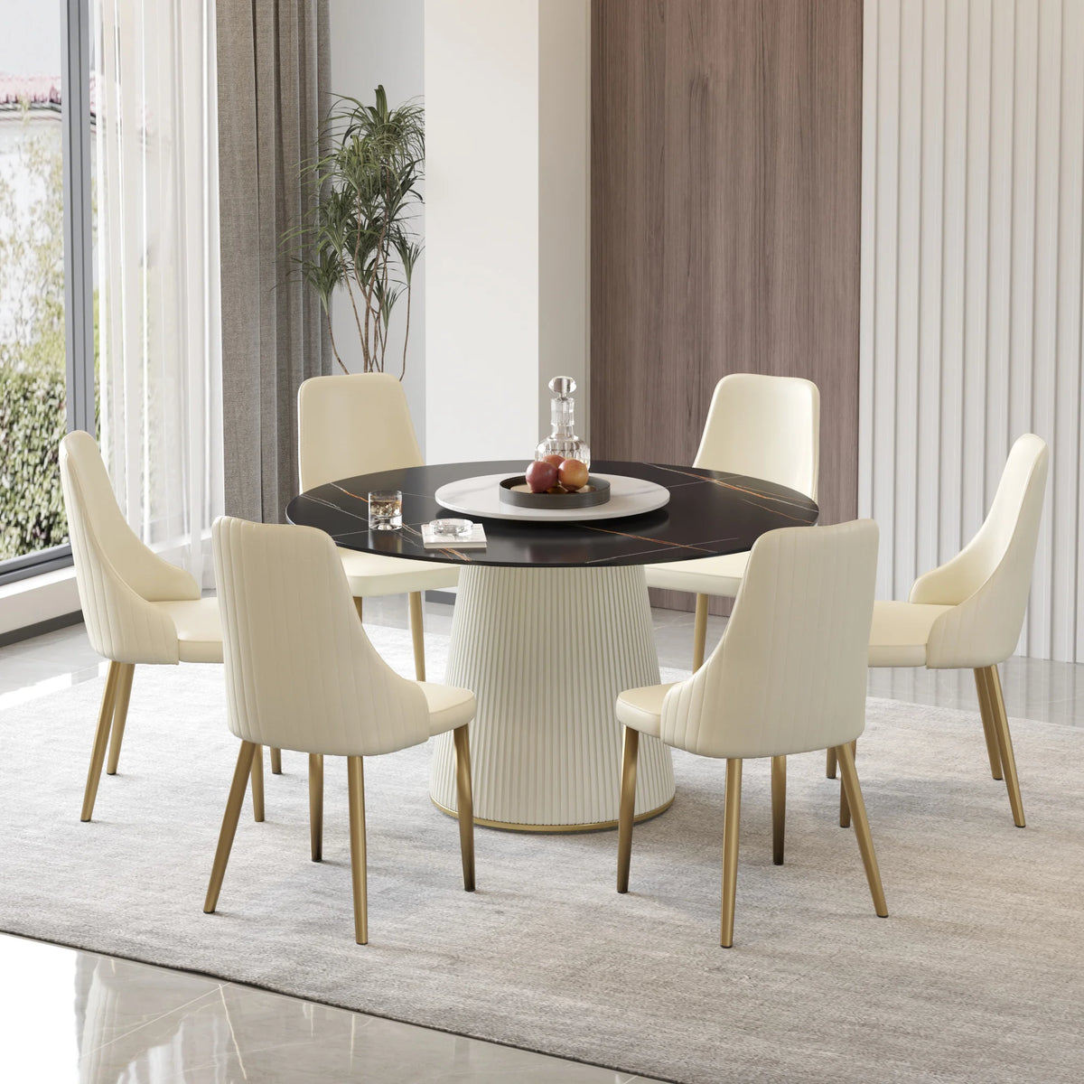 Mesa de comedor Marbella de piedra sinterizada | Redonda de 135 cm (53") en negro mate con plato giratorio Lazy Susan