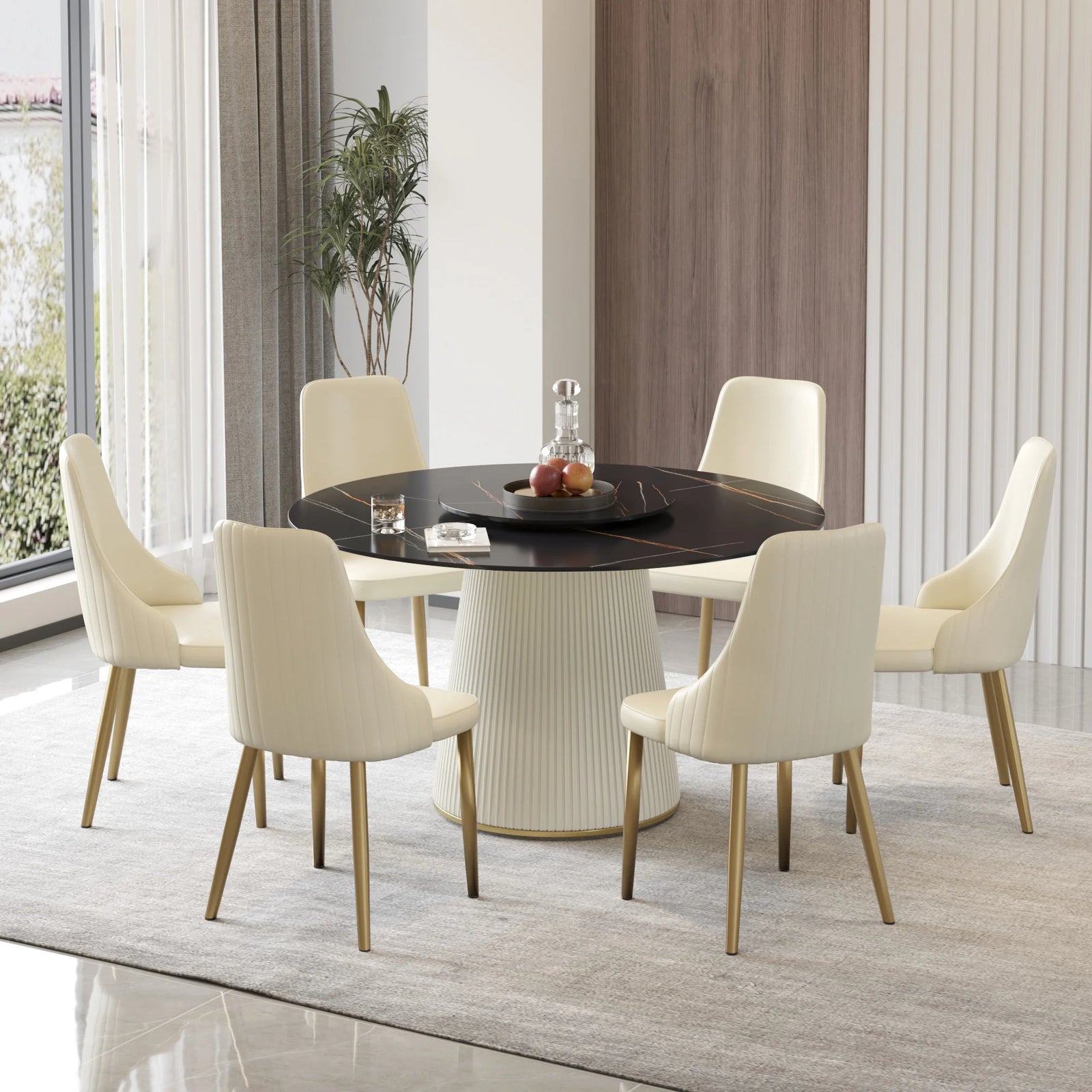 Marbella Sintered Stone Dining Table | 53" Matte Black Round With Lazy Susan Turntable
