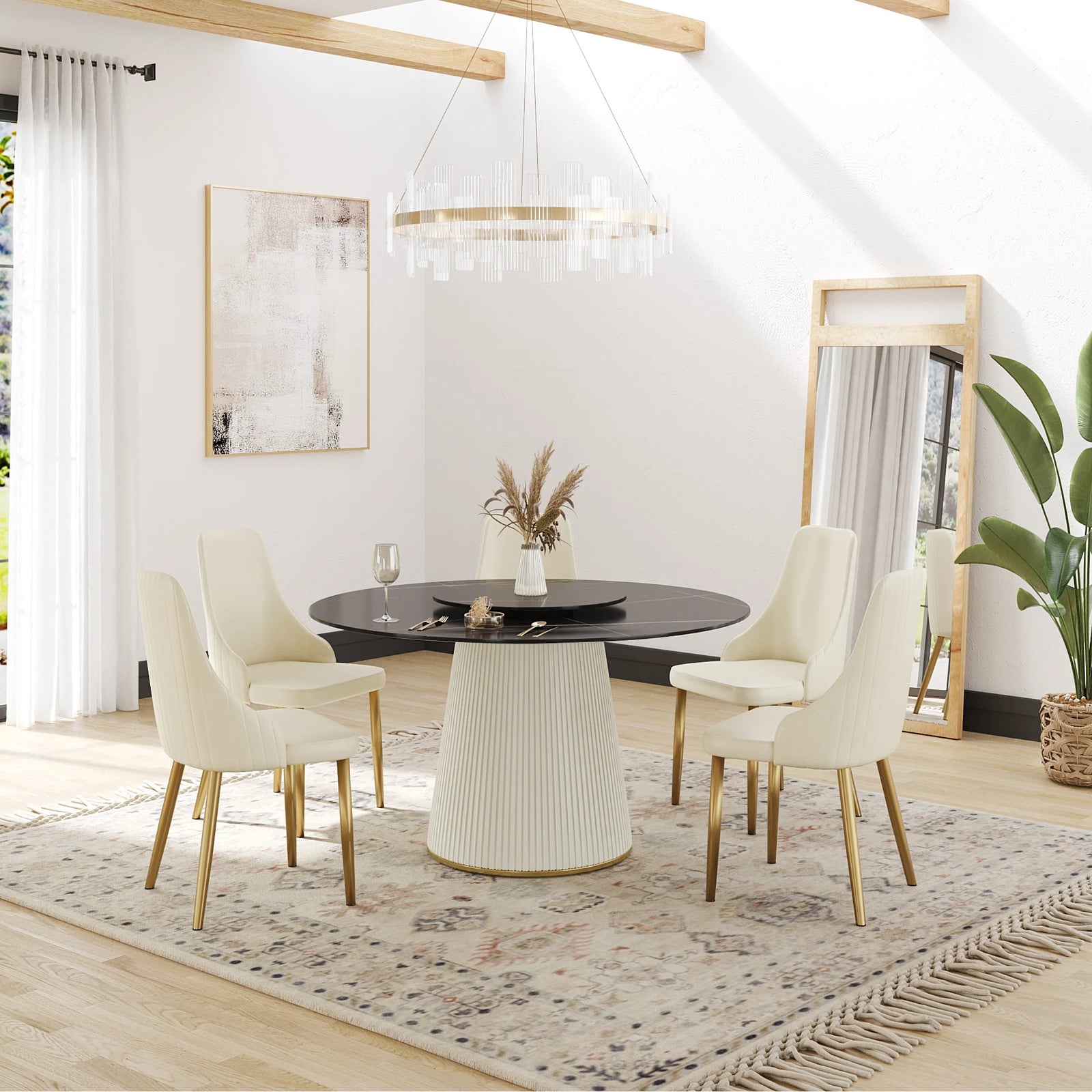 Marbella Sintered Stone Dining Table | 53" Matte Black Round With Lazy Susan Turntable