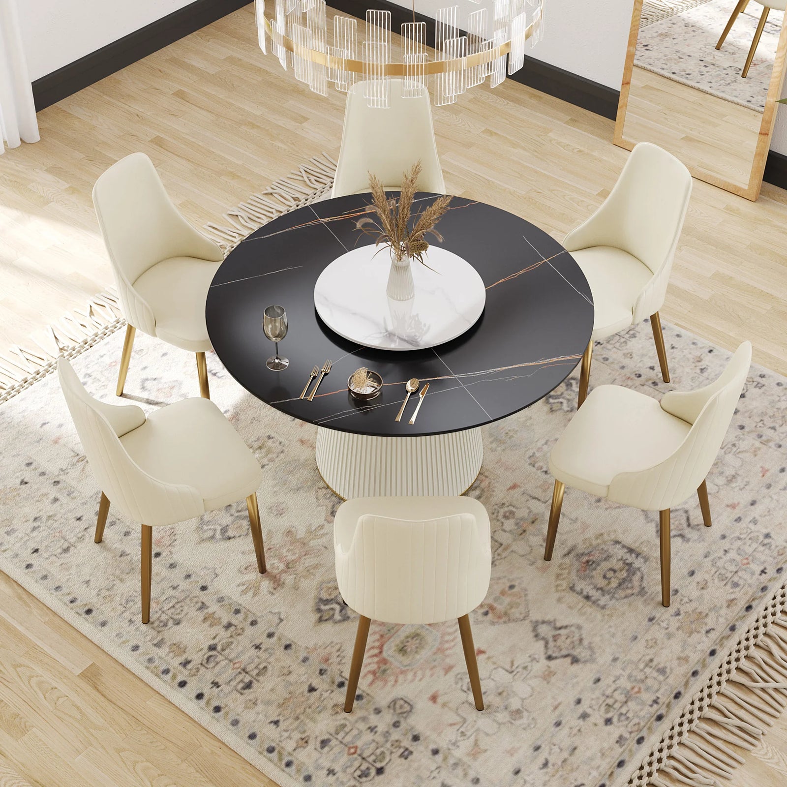 Mesa de comedor Marbella de piedra sinterizada | Redonda de 135 cm (53") en negro mate con plato giratorio Lazy Susan