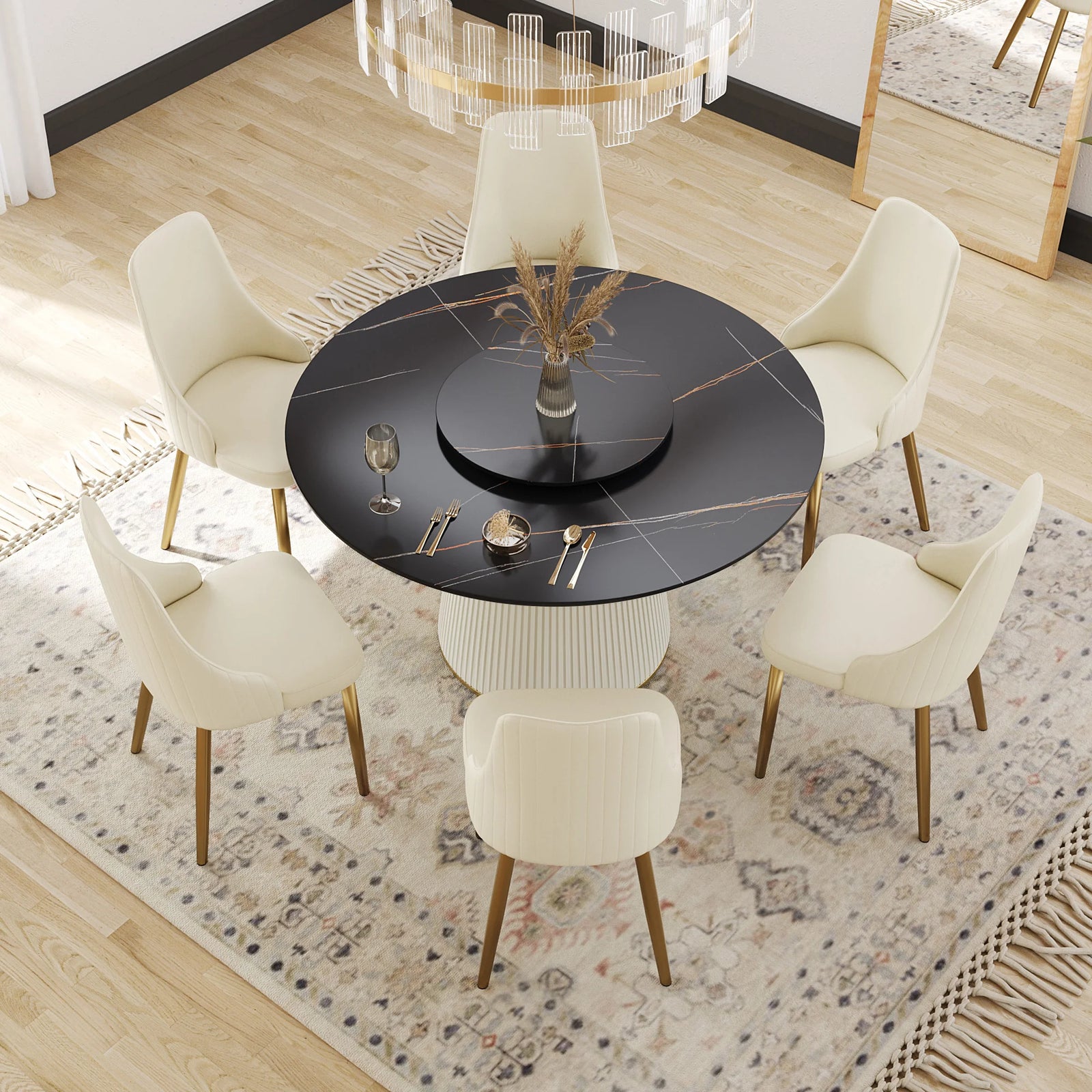 Marbella Sintered Stone Dining Table | 53" Matte Black Round With Lazy Susan Turntable