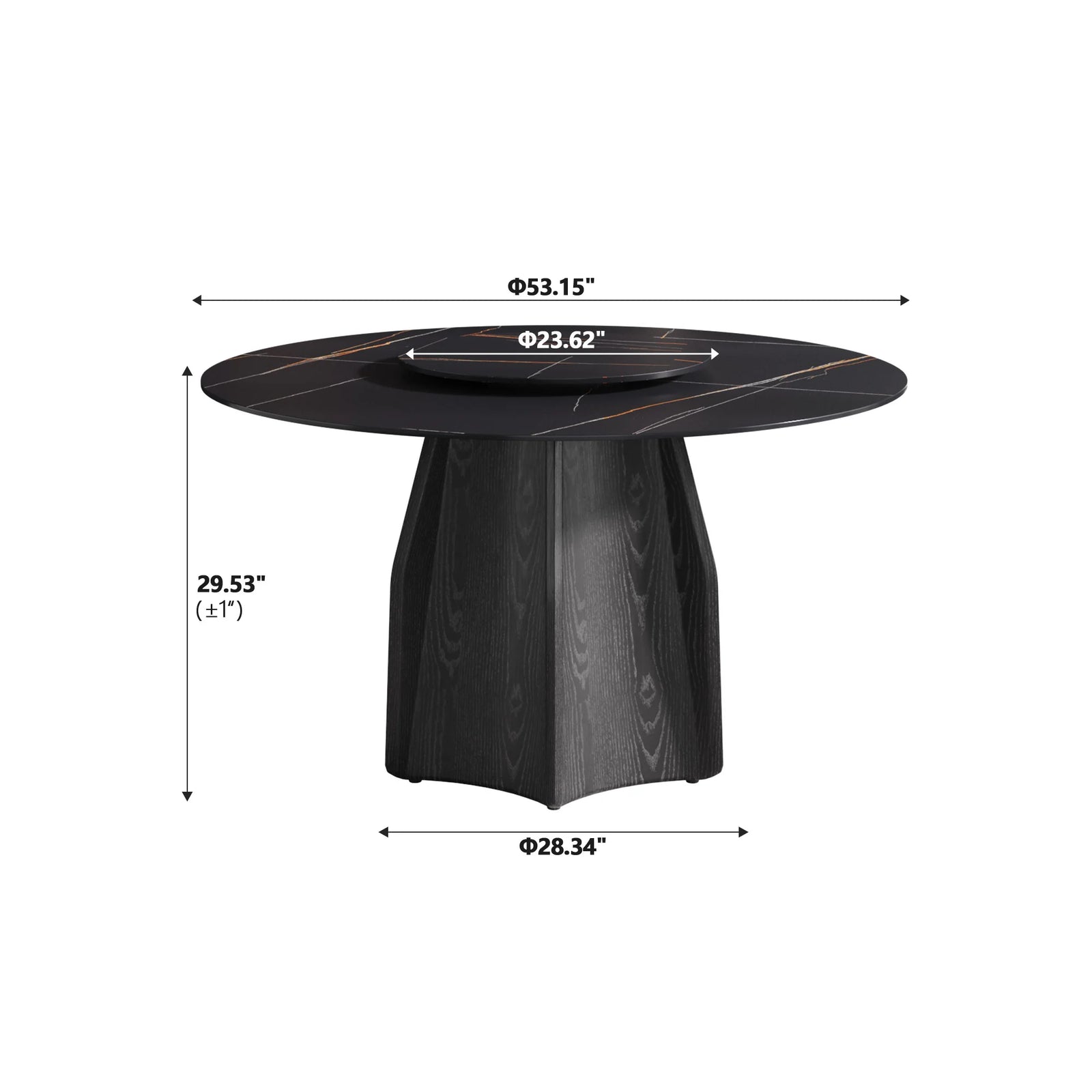 Mesa de comedor Marbella de piedra sinterizada | Redonda de 135 cm (53") en negro mate con plato giratorio Lazy Susan