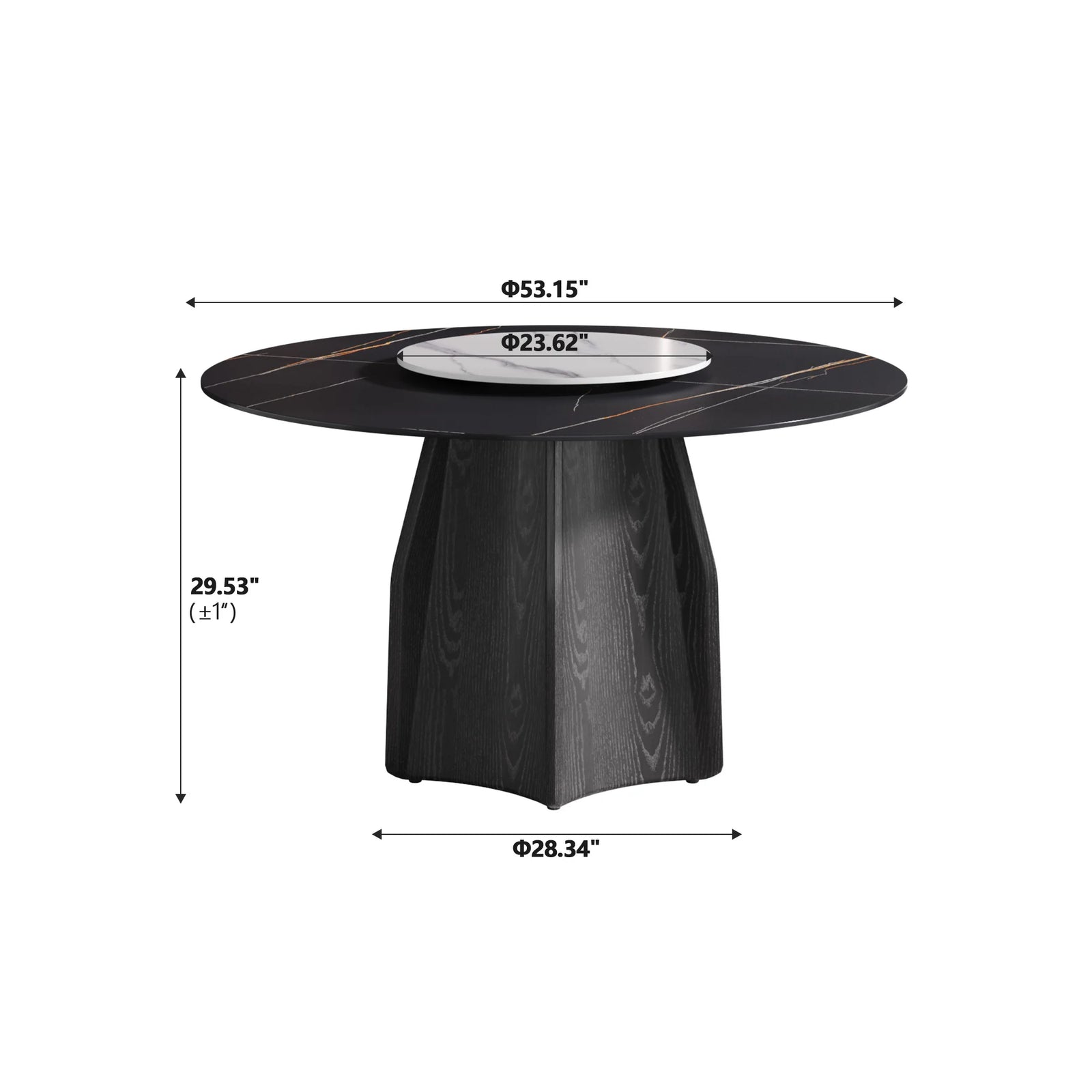 Mesa de comedor Marbella de piedra sinterizada | Redonda de 135 cm (53") en negro mate con plato giratorio Lazy Susan