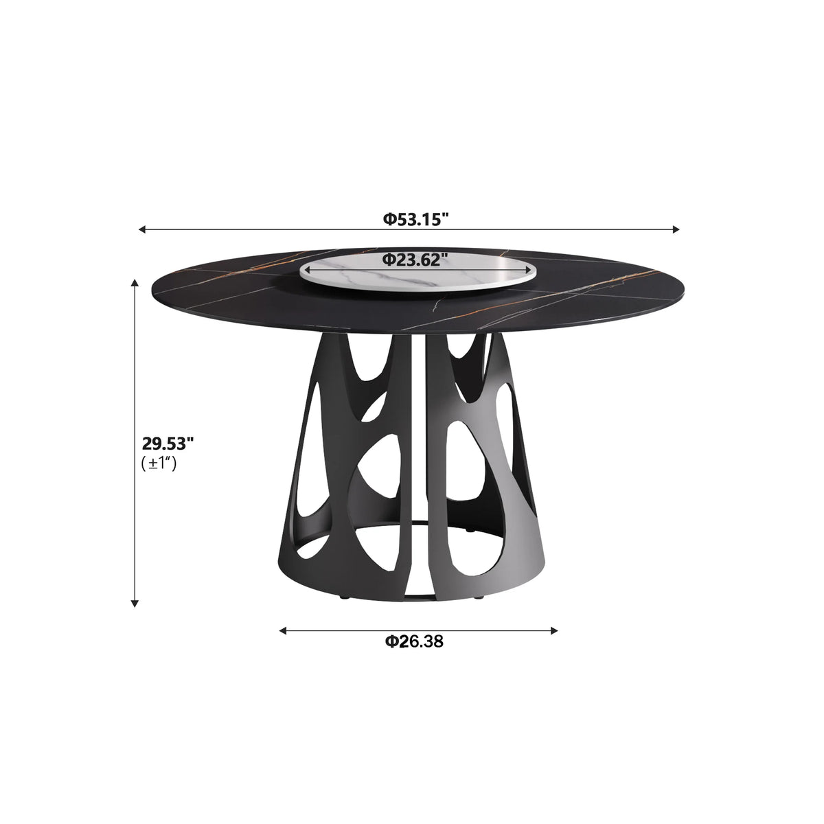 Marbella Sintered Stone Dining Table | 53" Matte Black Round With Lazy Susan Turntable