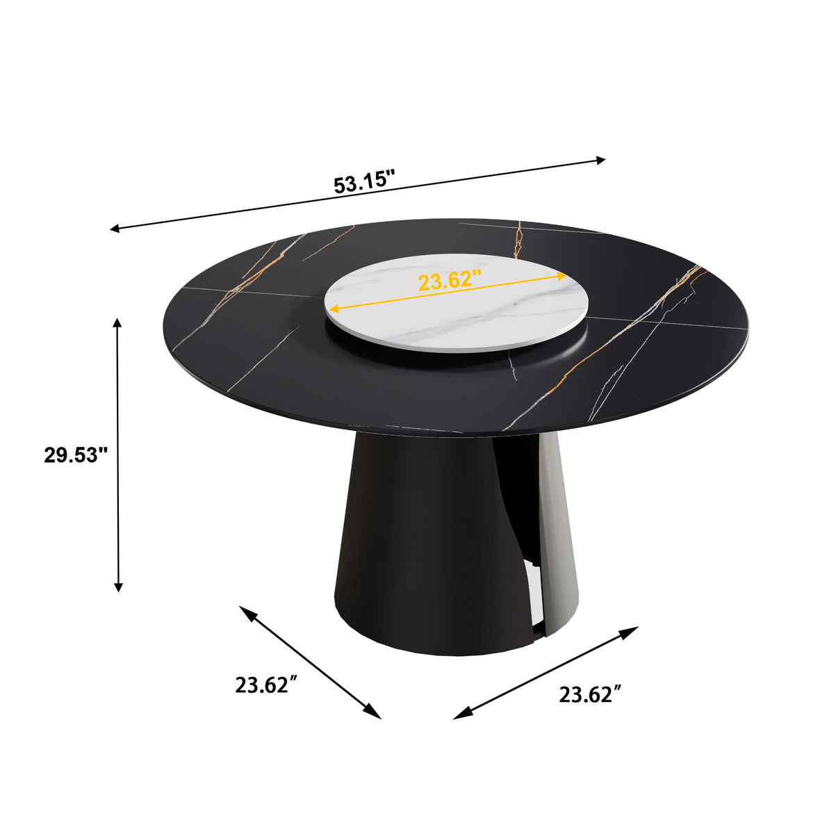 Mesa de comedor Marbella de piedra sinterizada | Redonda de 135 cm (53") en negro mate con plato giratorio Lazy Susan