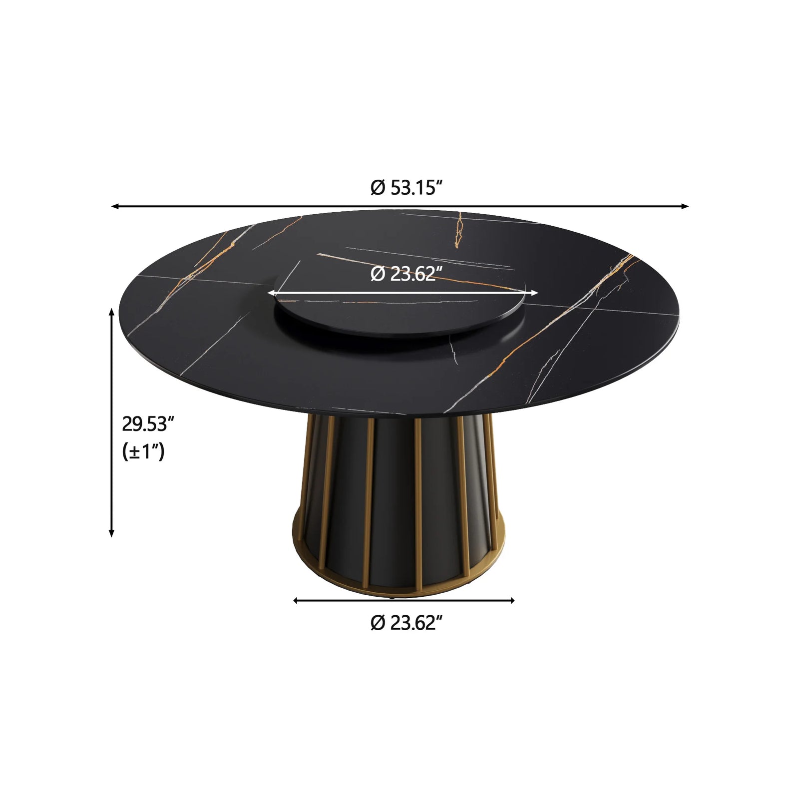 Mesa de comedor Marbella de piedra sinterizada | Redonda de 135 cm (53") en negro mate con plato giratorio Lazy Susan