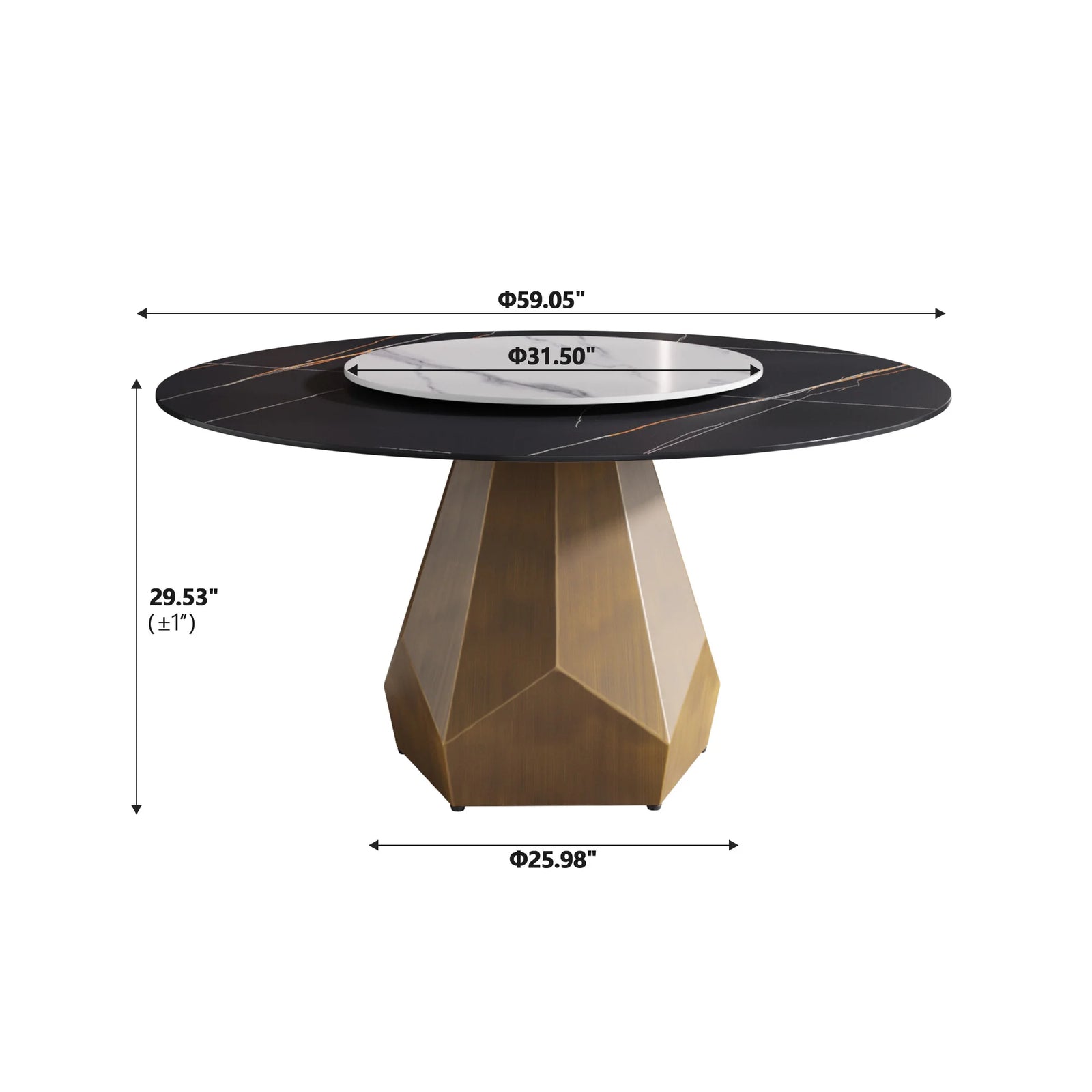 Mesa de comedor Marbella de piedra sinterizada | Redonda de 135 cm (53") en negro mate con plato giratorio Lazy Susan