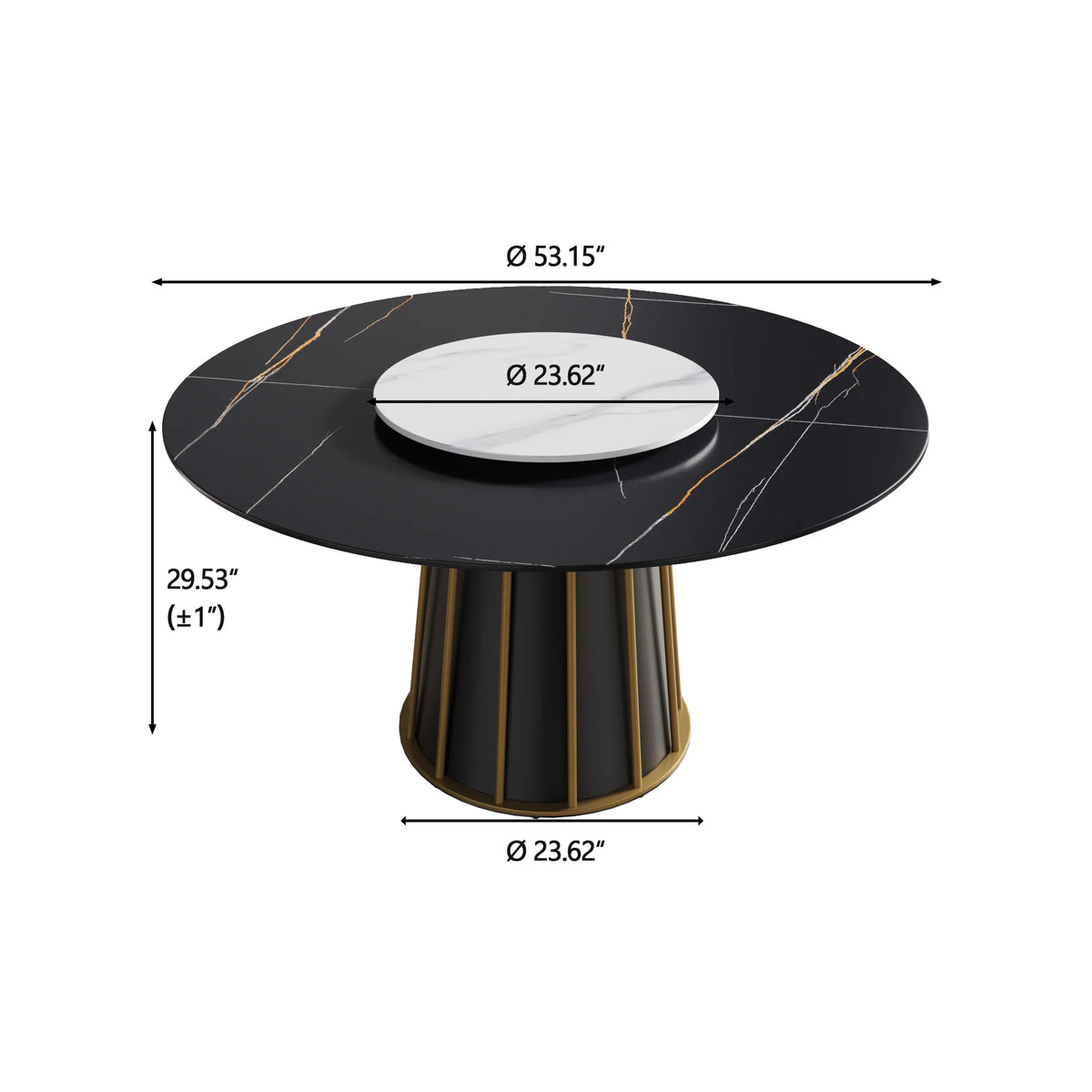 Mesa de comedor Marbella de piedra sinterizada | Redonda de 135 cm (53") en negro mate con plato giratorio Lazy Susan