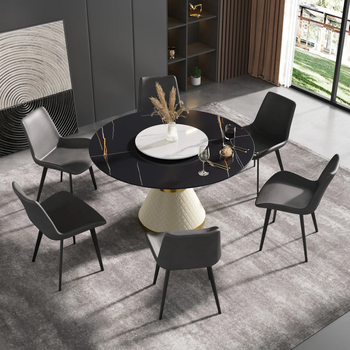Mesa de comedor Marbella de piedra sinterizada | Redonda de 135 cm (53") en negro mate con plato giratorio Lazy Susan