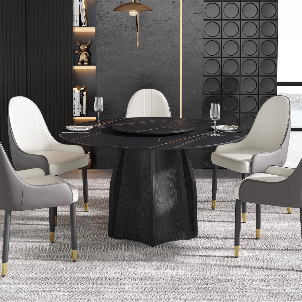 Marbella Sintered Stone Dining Table | 53" Matte Black Round With Lazy Susan Turntable