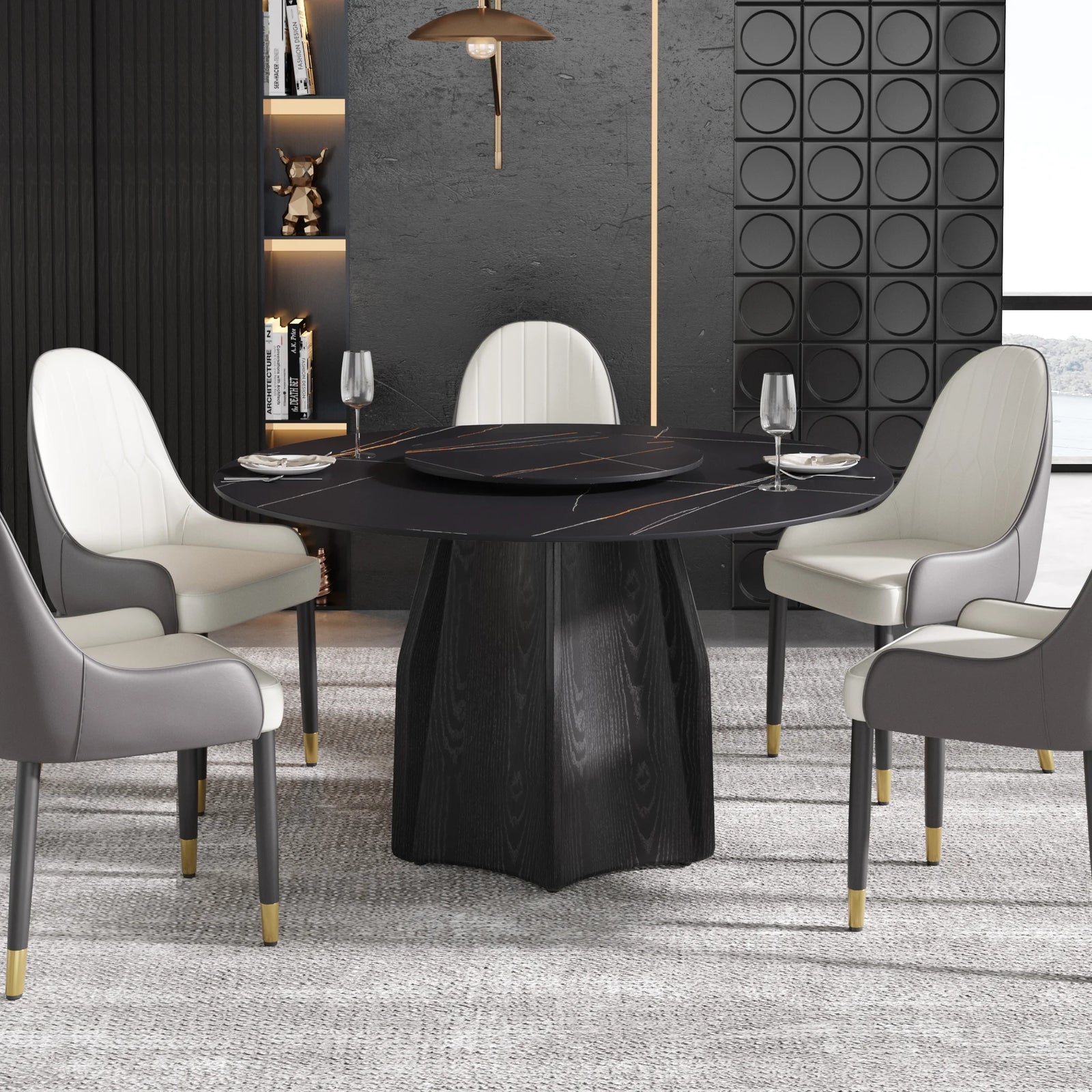 Mesa de comedor Marbella de piedra sinterizada | Redonda de 135 cm (53") en negro mate con plato giratorio Lazy Susan