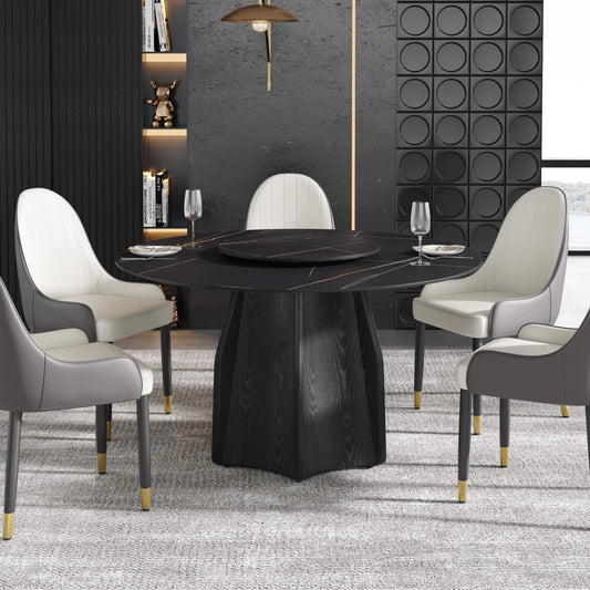 Marbella Sintered Stone Dining Table | 53" Matte Black Round With Lazy Susan Turntable