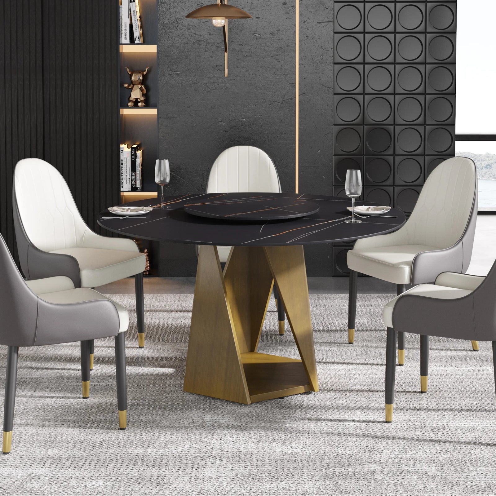 Mesa de comedor Marbella de piedra sinterizada | Redonda de 135 cm (53") en negro mate con plato giratorio Lazy Susan