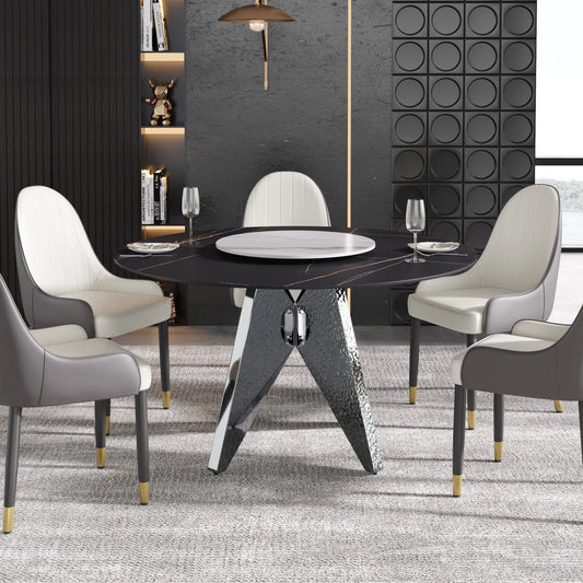 Marbella Sintered Stone Dining Table | 53" Matte Black Round With Lazy Susan Turntable