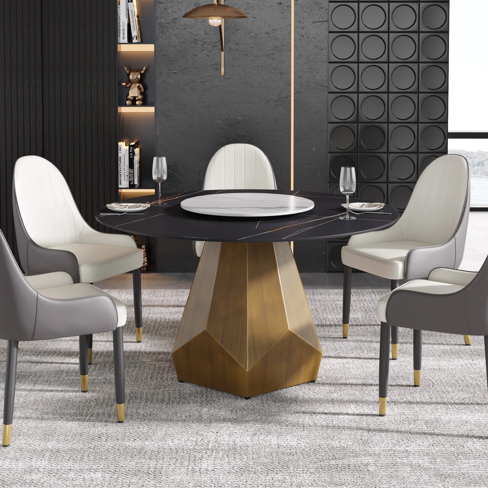 Mesa de comedor Marbella de piedra sinterizada | Redonda de 135 cm (53") en negro mate con plato giratorio Lazy Susan