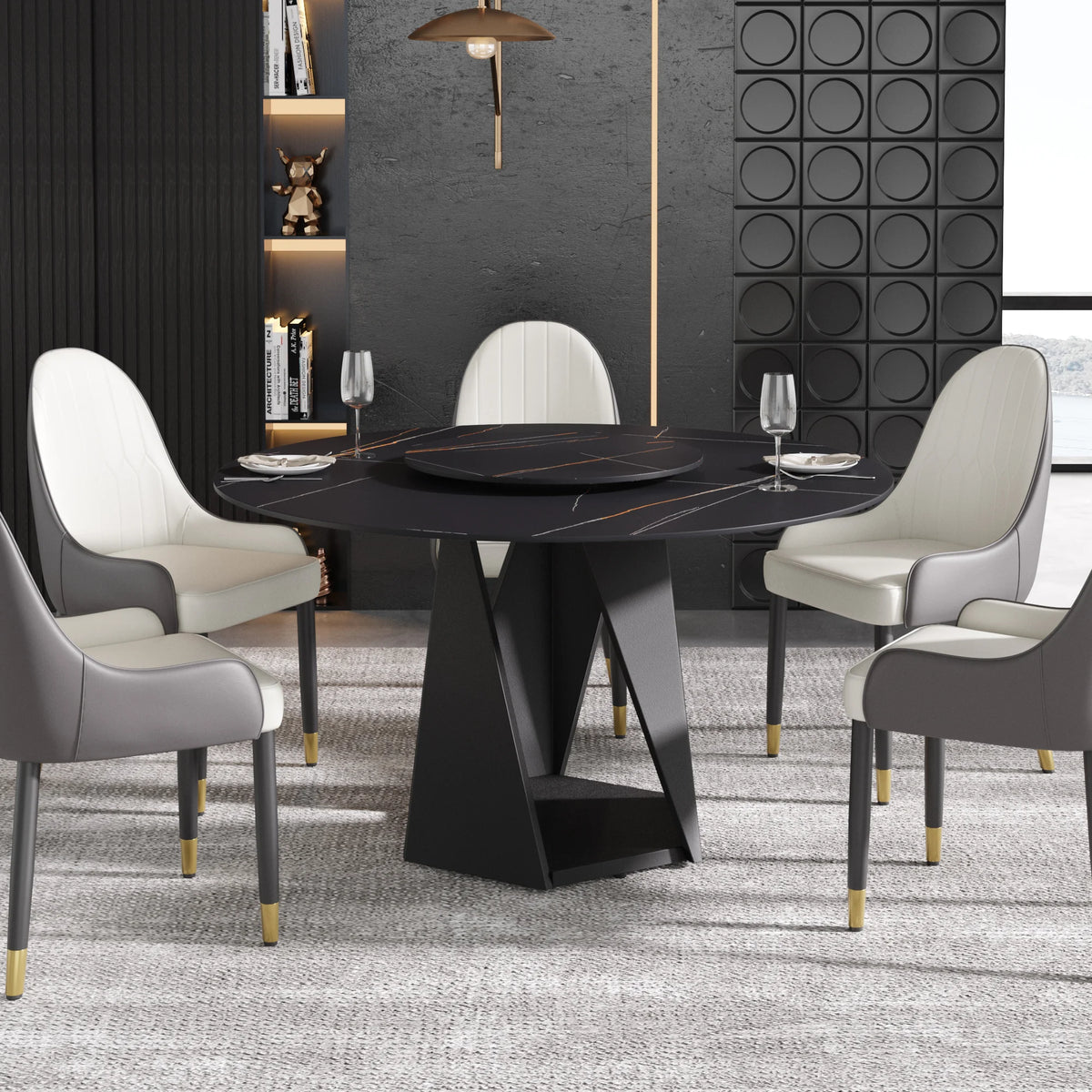 Marbella Sintered Stone Dining Table | 53" Matte Black Round With Lazy Susan Turntable