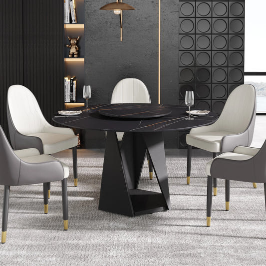 Marbella Sintered Stone Dining Table | 53" Matte Black Round With Lazy Susan Turntable
