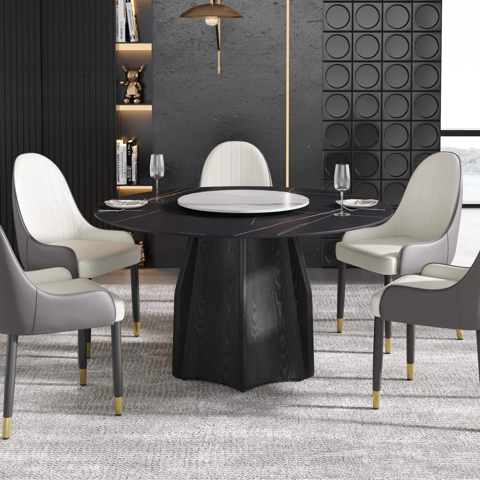 Mesa de comedor Marbella de piedra sinterizada | Redonda de 135 cm (53") en negro mate con plato giratorio Lazy Susan
