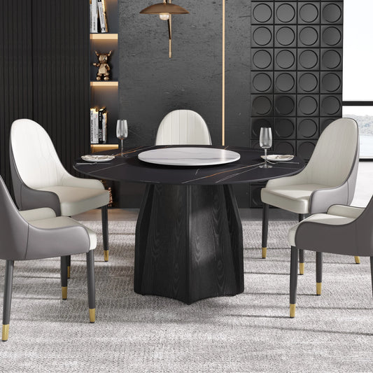 Marbella Sintered Stone Dining Table | 53" Matte Black Round With Lazy Susan Turntable