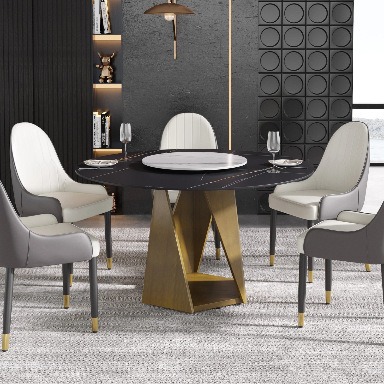 Mesa de comedor Marbella de piedra sinterizada | Redonda de 135 cm (53") en negro mate con plato giratorio Lazy Susan