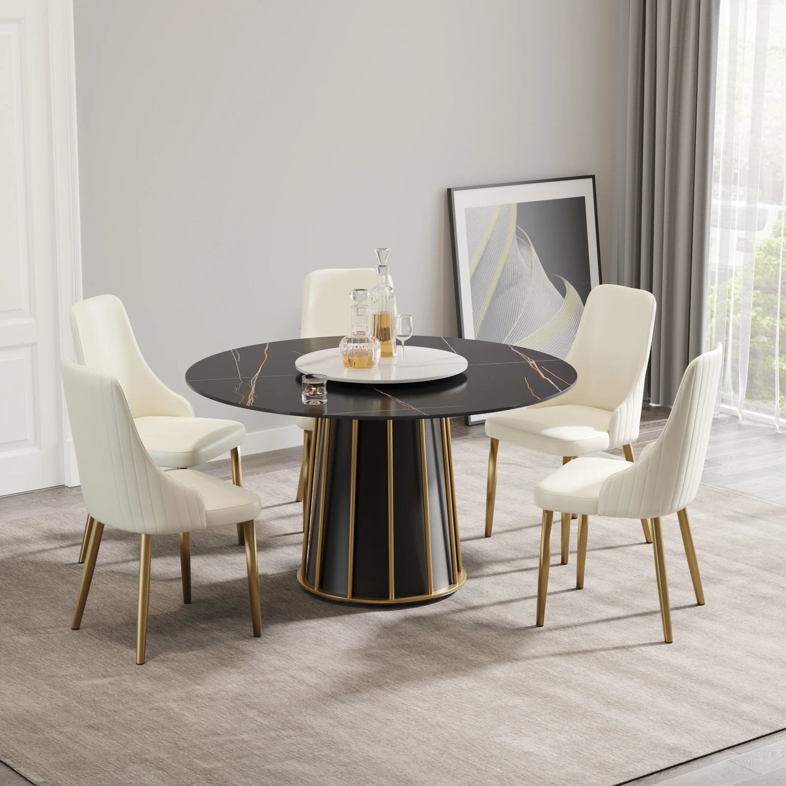 Mesa de comedor Marbella de piedra sinterizada | Redonda de 135 cm (53") en negro mate con plato giratorio Lazy Susan