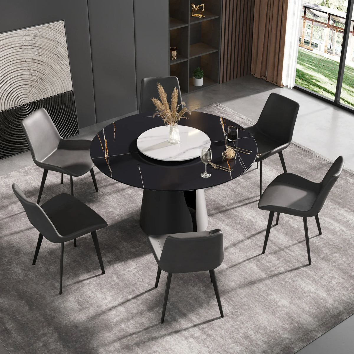 Mesa de comedor Marbella de piedra sinterizada | Redonda de 135 cm (53") en negro mate con plato giratorio Lazy Susan