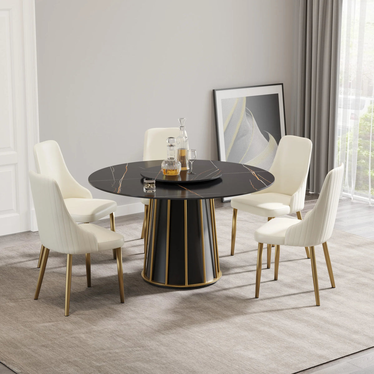 Mesa de comedor Marbella de piedra sinterizada | Redonda de 135 cm (53") en negro mate con plato giratorio Lazy Susan