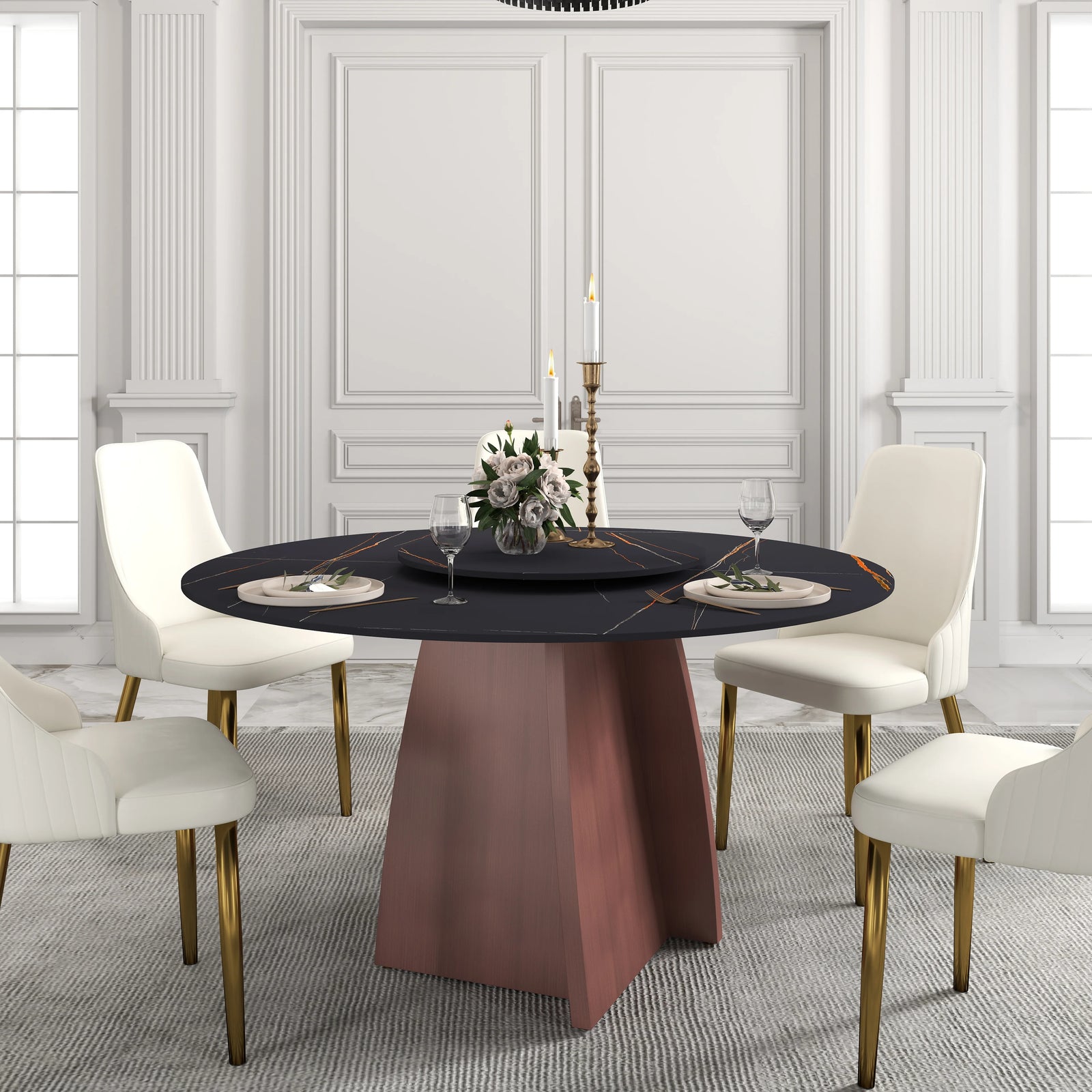 Mesa de comedor Marbella de piedra sinterizada | Redonda de 135 cm (53") en negro mate con plato giratorio Lazy Susan