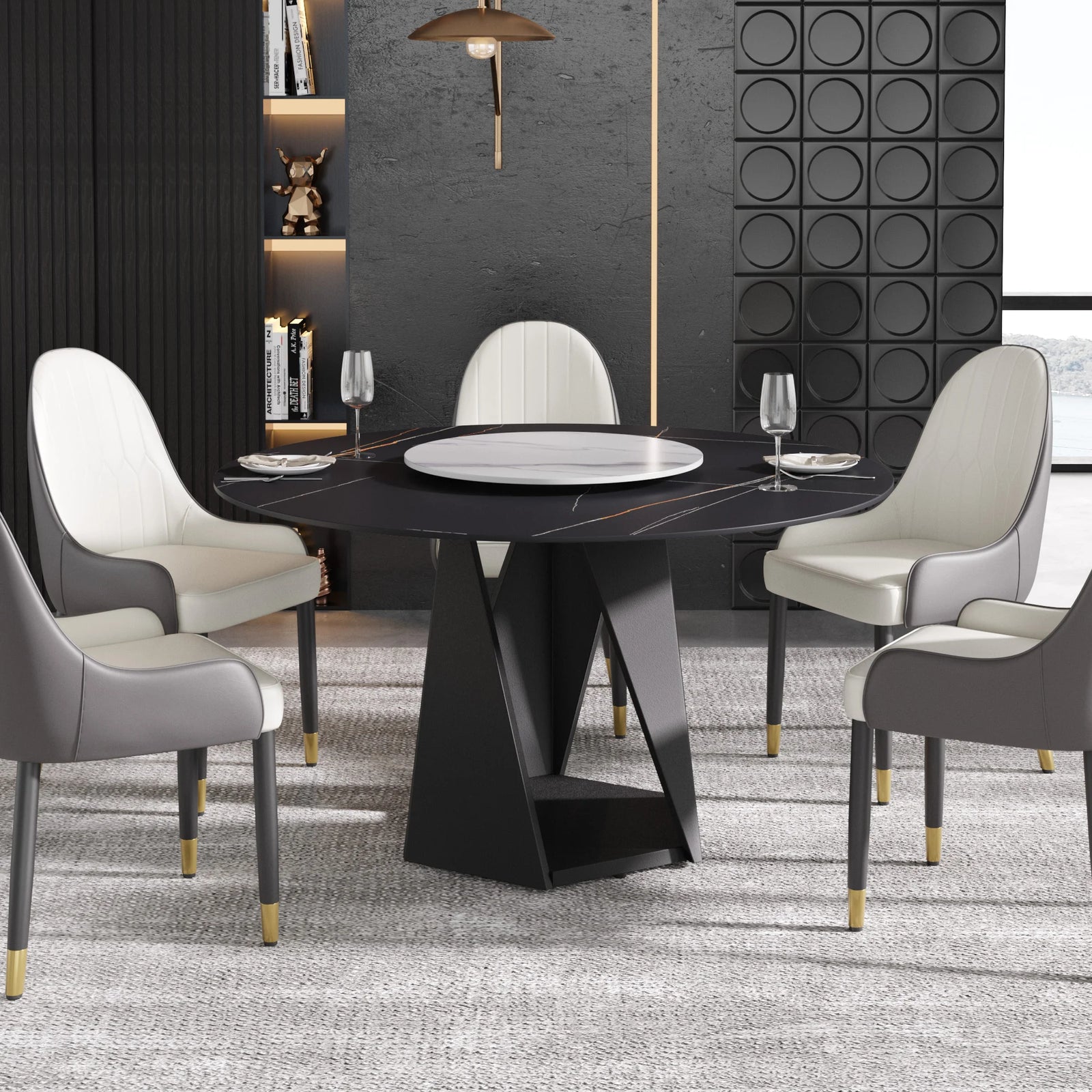 Mesa de comedor Marbella de piedra sinterizada | Redonda de 135 cm (53") en negro mate con plato giratorio Lazy Susan