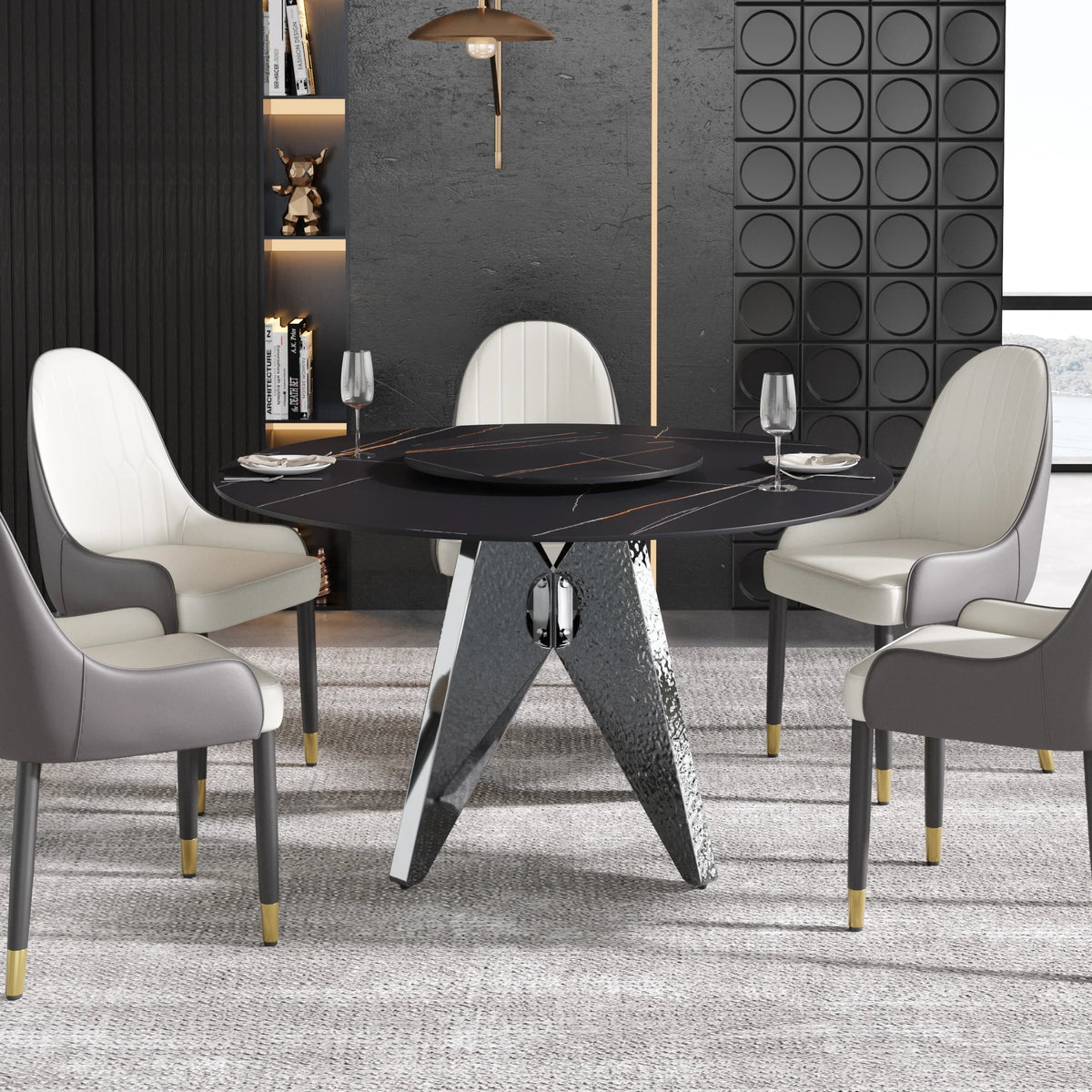 Marbella Sintered Stone Dining Table | 53" Matte Black Round With Lazy Susan Turntable