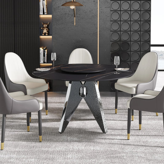 Marbella Sintered Stone Dining Table | 53" Matte Black Round With Lazy Susan Turntable
