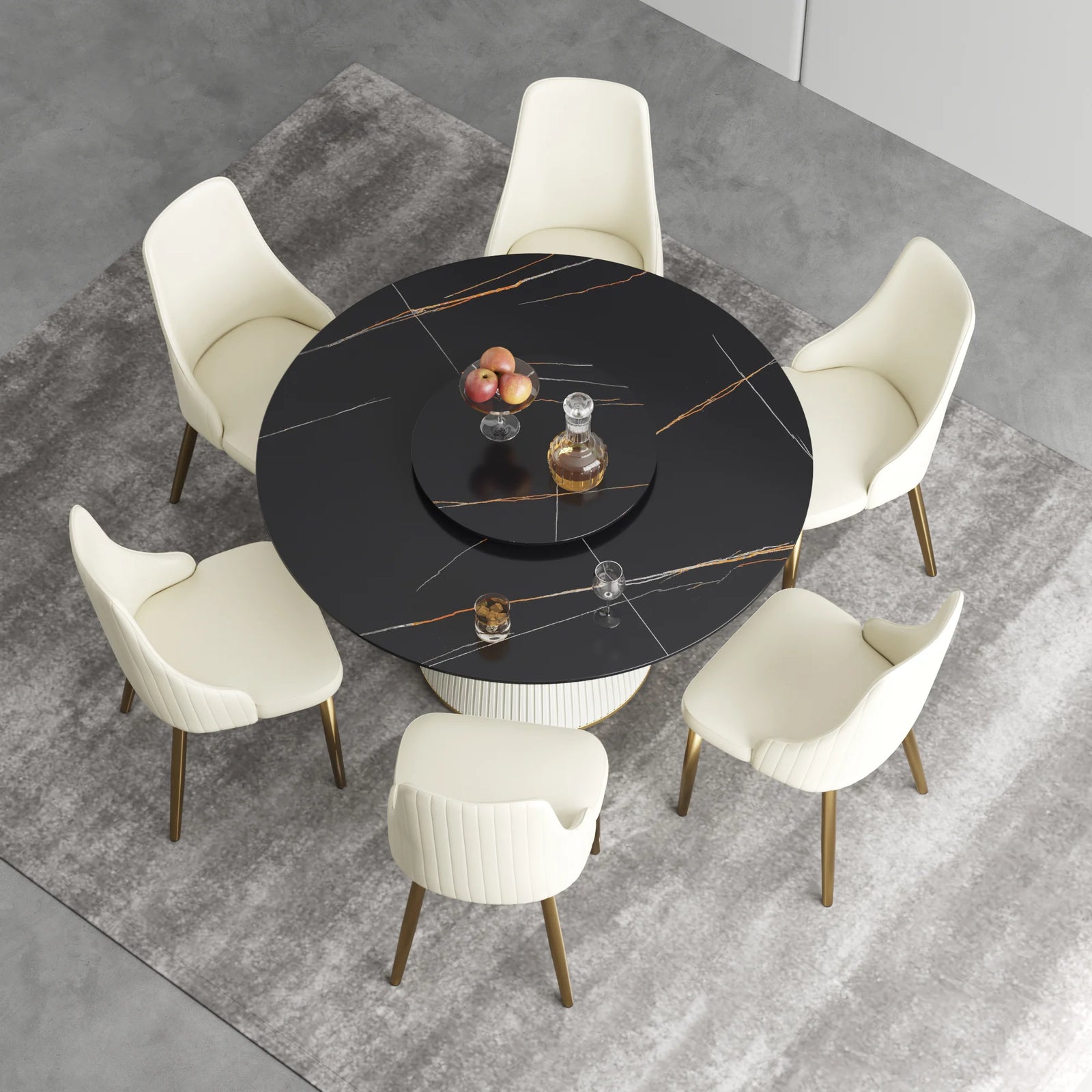 Marbella Sintered Stone Dining Table | 53" Matte Black Round With Lazy Susan Turntable