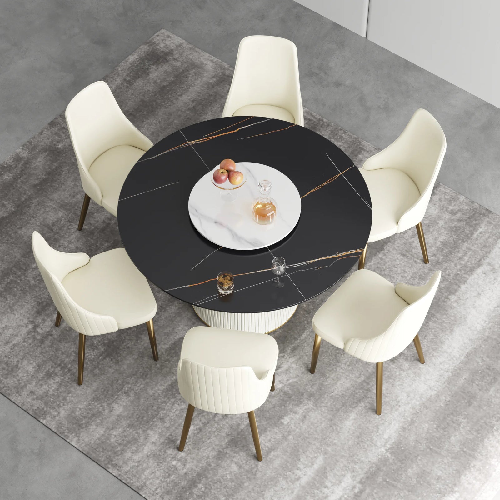 Mesa de comedor Marbella de piedra sinterizada | Redonda de 135 cm (53") en negro mate con plato giratorio Lazy Susan