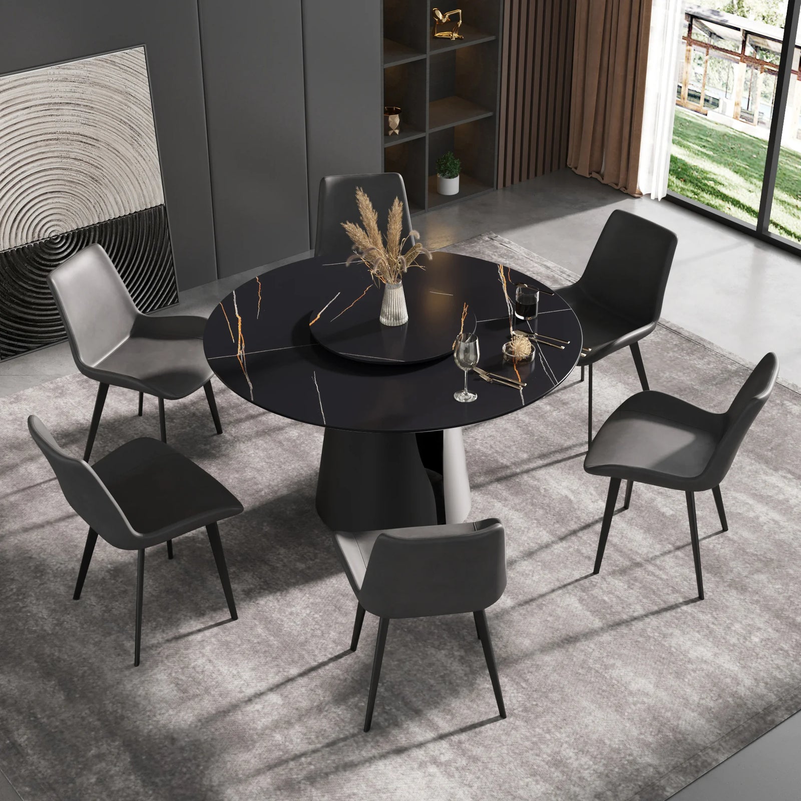 Marbella Sintered Stone Dining Table | 53" Matte Black Round With Lazy Susan Turntable