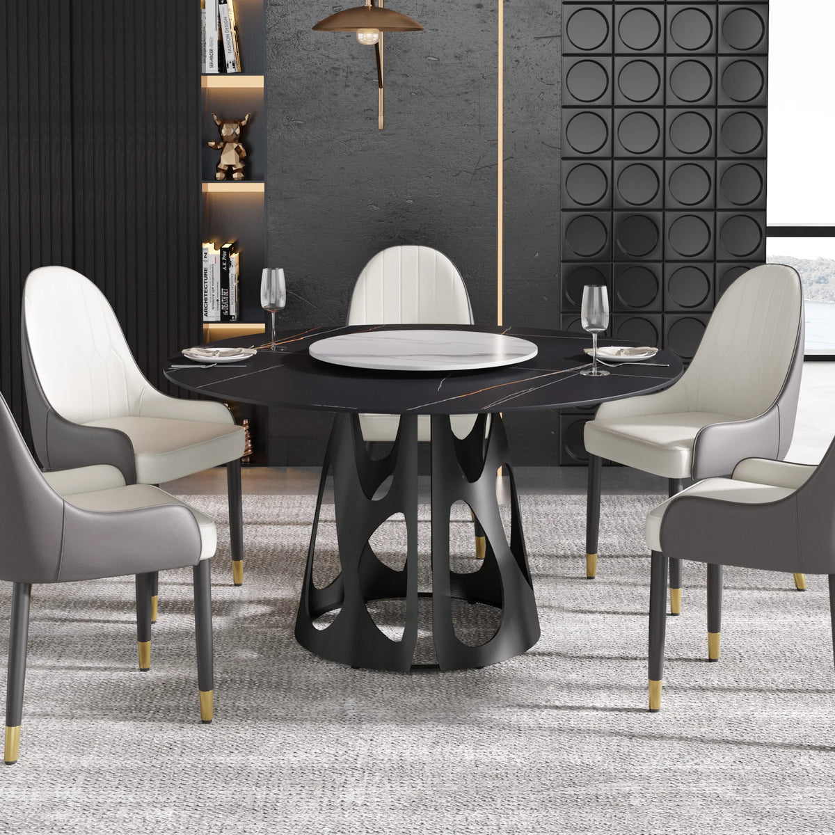 Marbella Sintered Stone Dining Table | 53" Matte Black Round With Lazy Susan Turntable