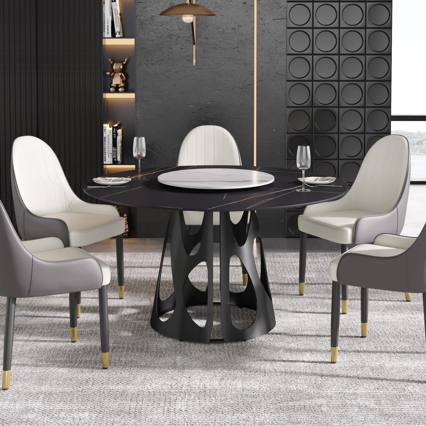 Marbella Sintered Stone Dining Table | 53" Matte Black Round With Lazy Susan Turntable